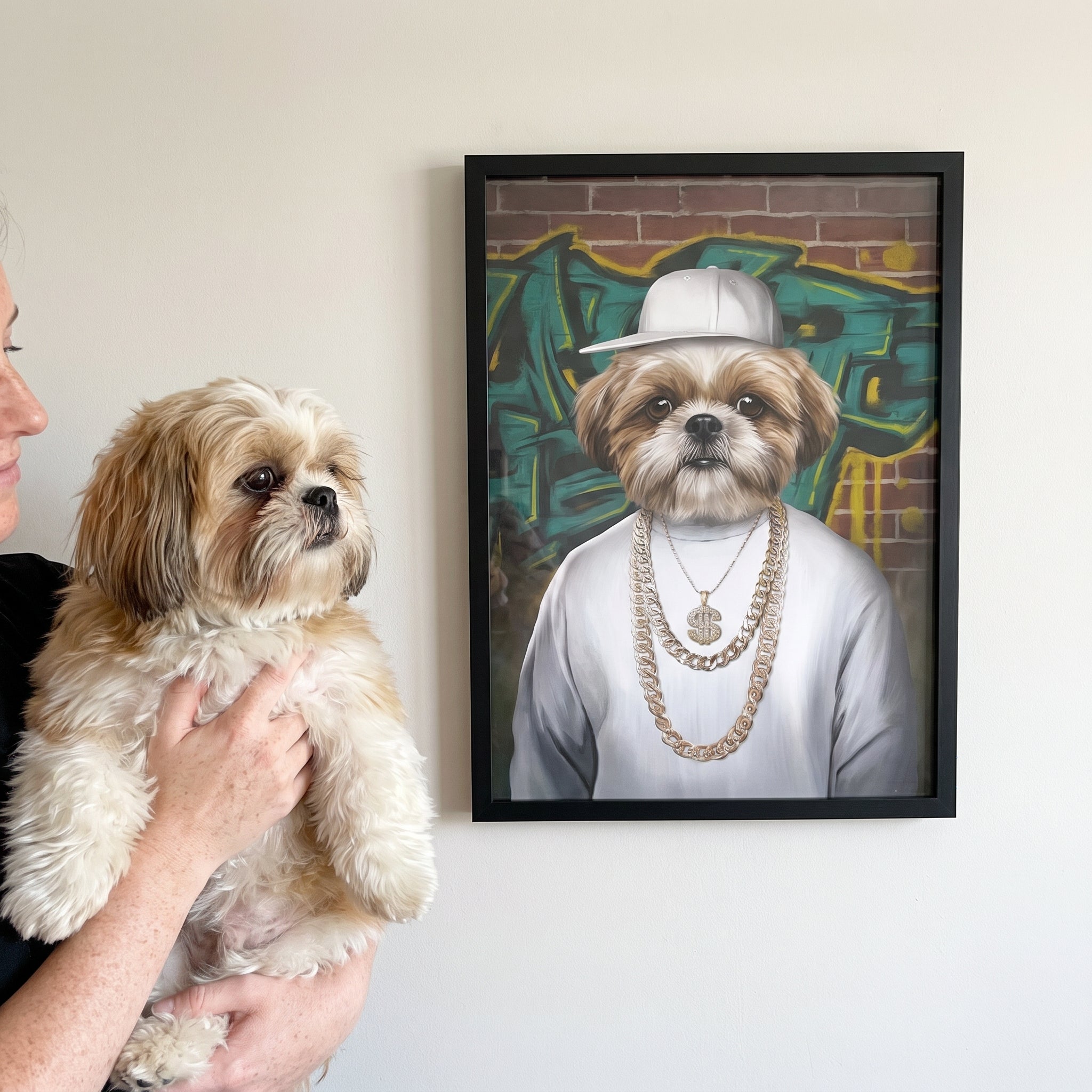 Shih tzu next to its The Rapper custom pet poster
