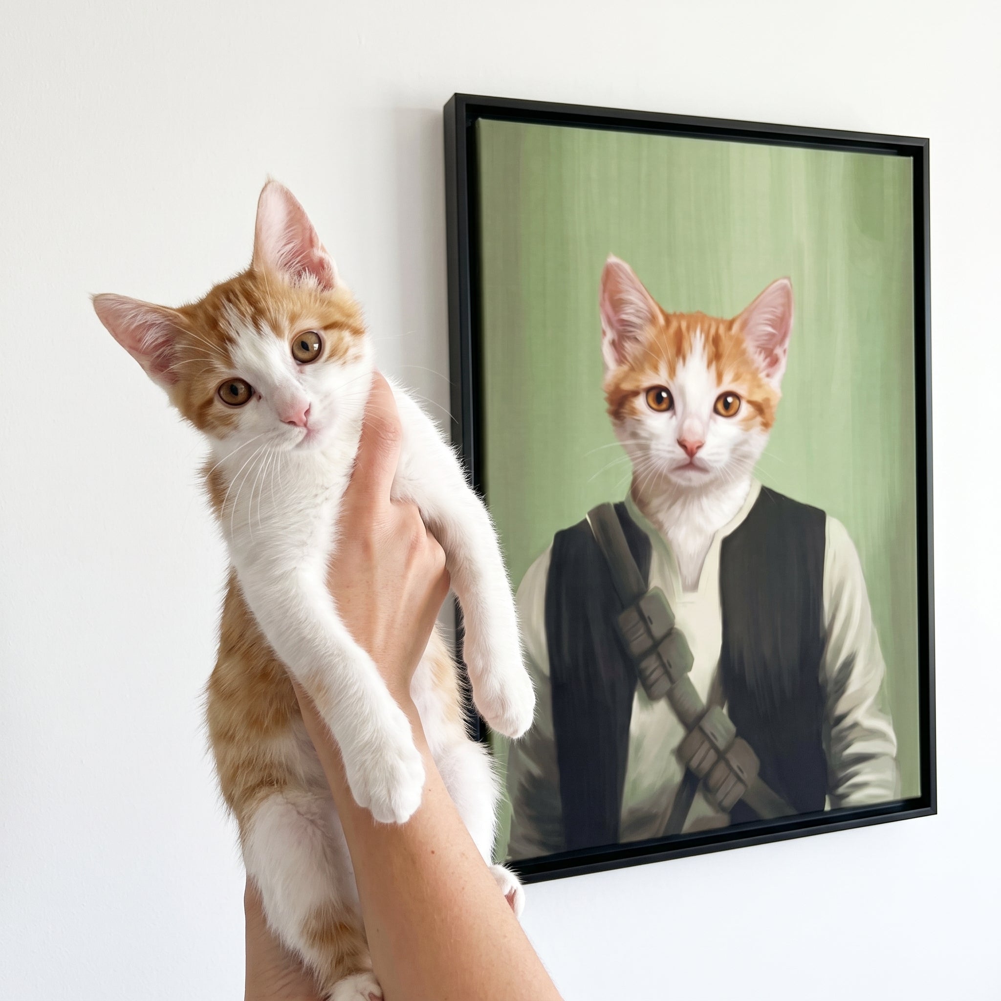 Ginger and white cat next to its The Rebel custom pet canvas