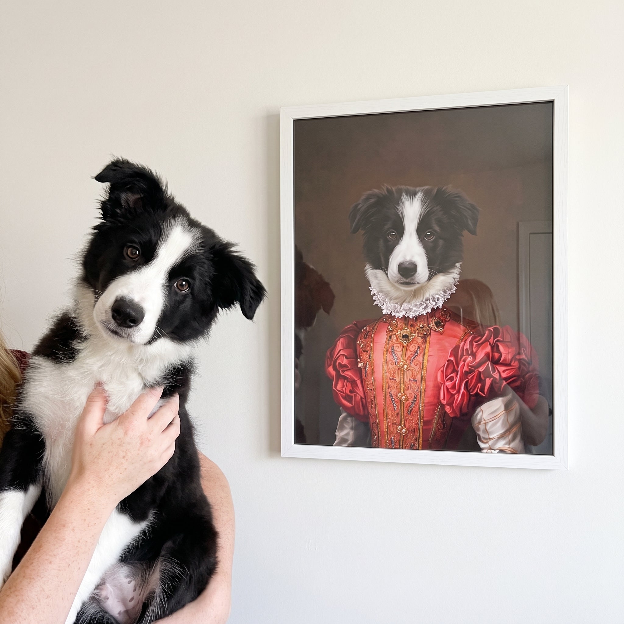 Border collie next to its The Red Rose custom pet poster