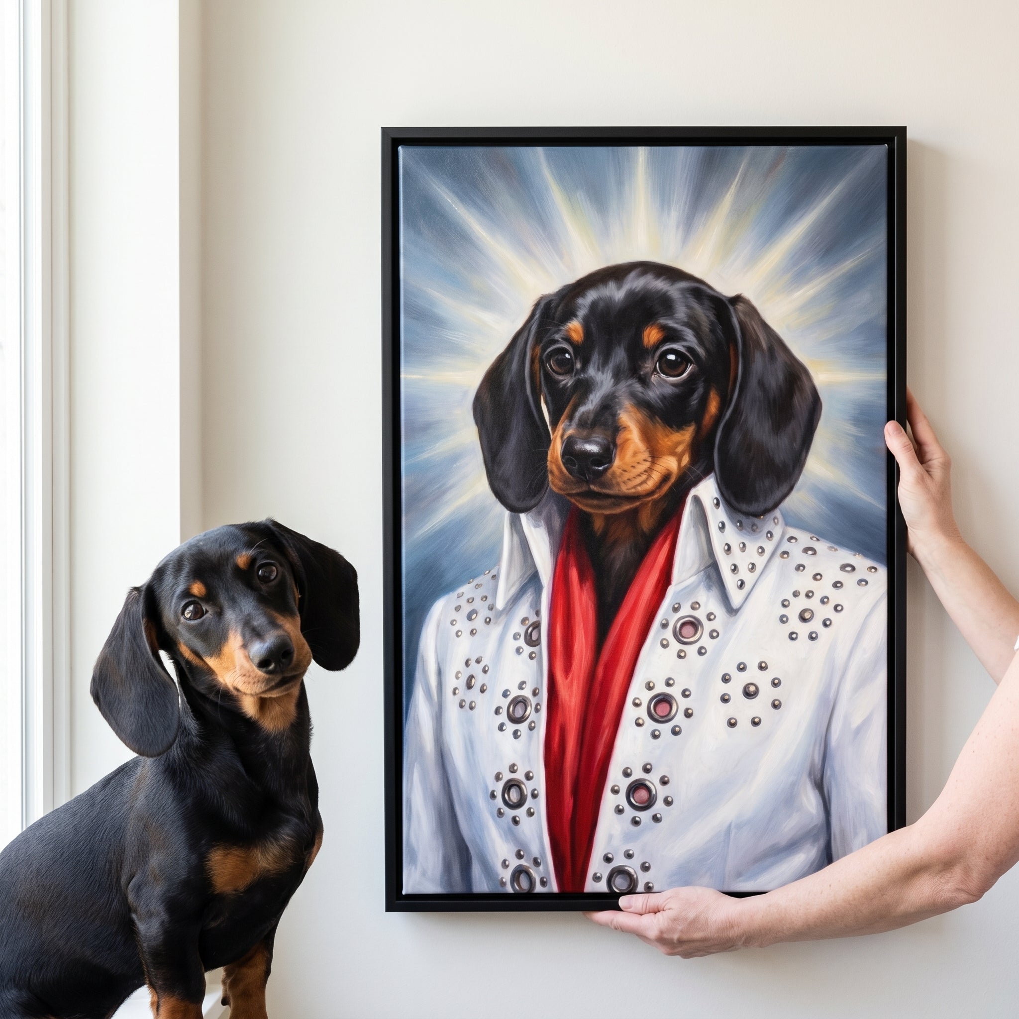 Miniature dachshund next to its The Rock God custom pet canvas