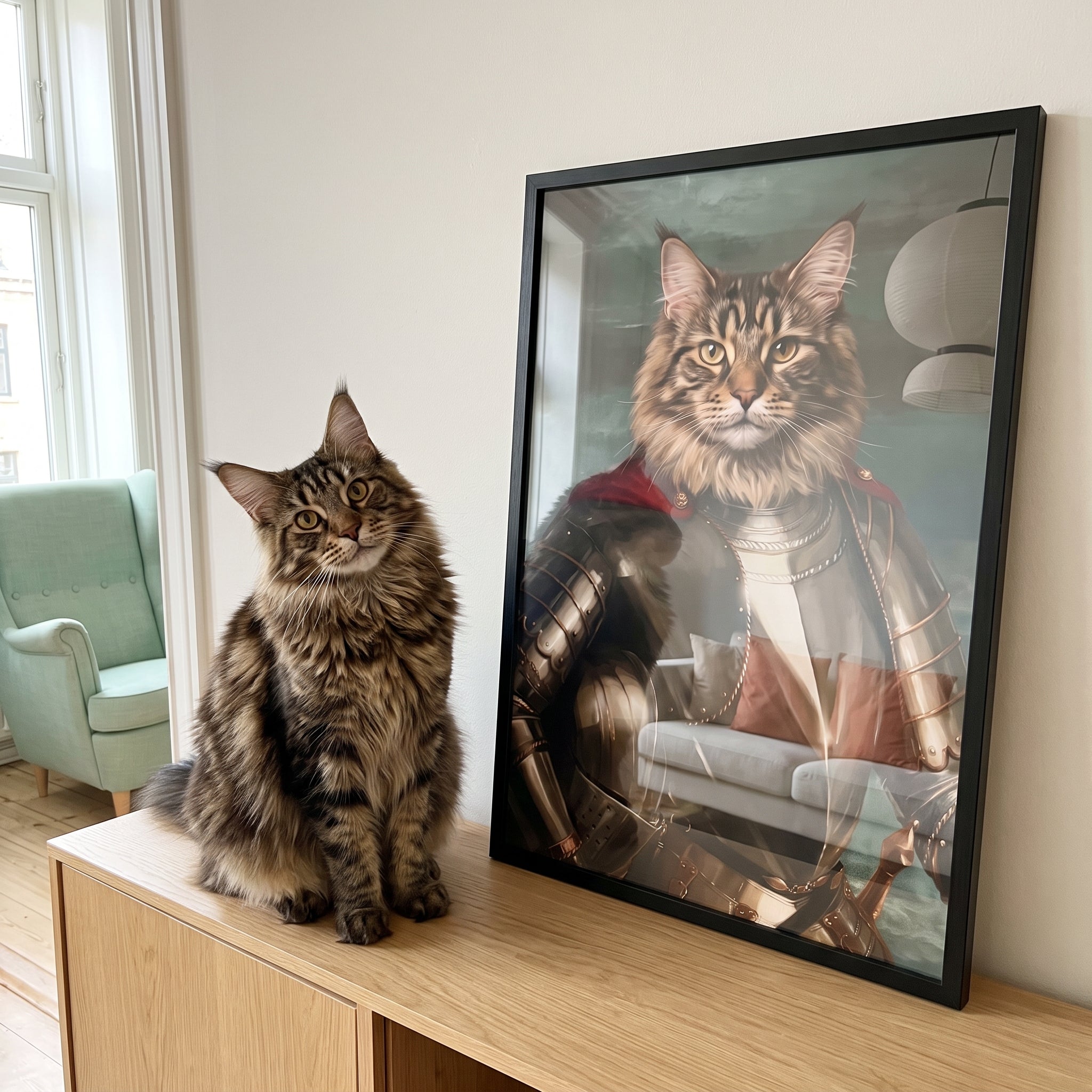 Fluffy maine coon cat next to its The Royal Knight custom pet poster