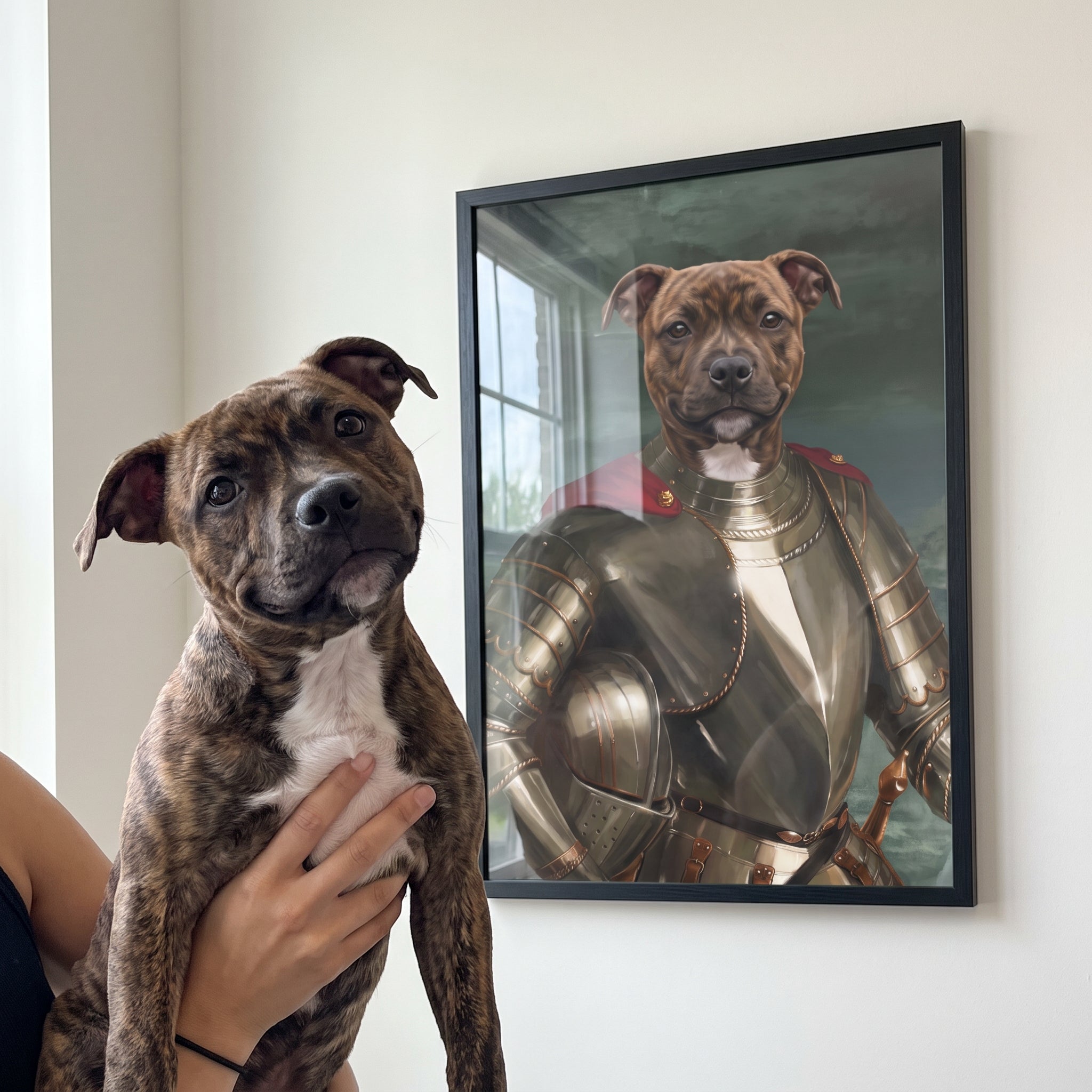 Staffordshire bull terrier next to its The Royal Knight custom pet poster
