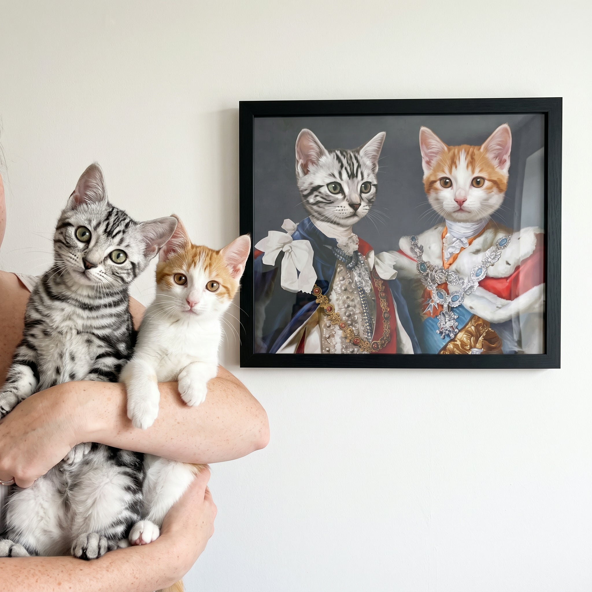 Silver tabby cat and ginger and white cat next to its The Rulers custom pet poster