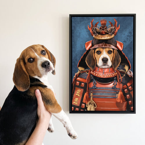 Beagle next to its The Samurai custom pet canvas