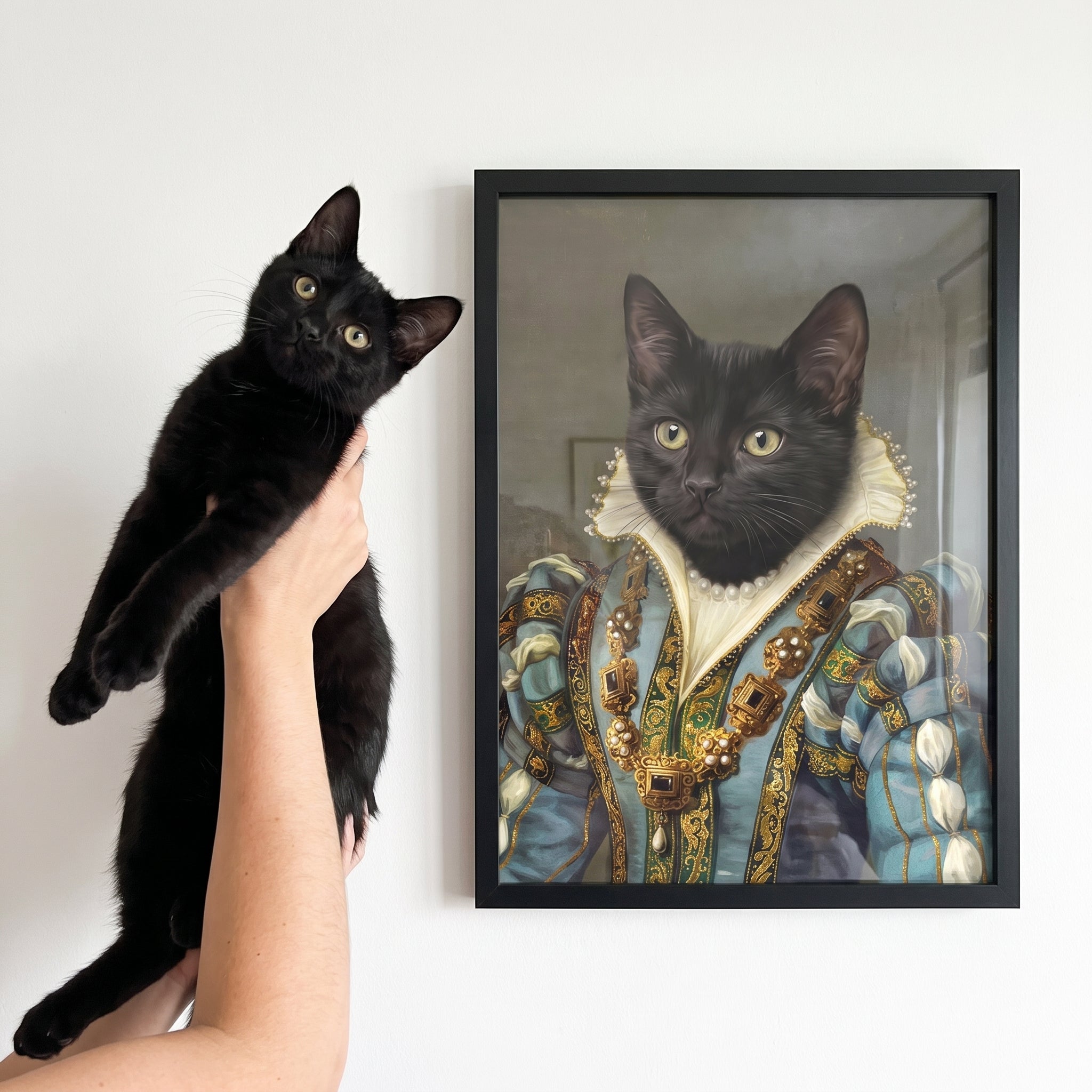 Black cat next to its The Sapphire Queen custom pet poster
