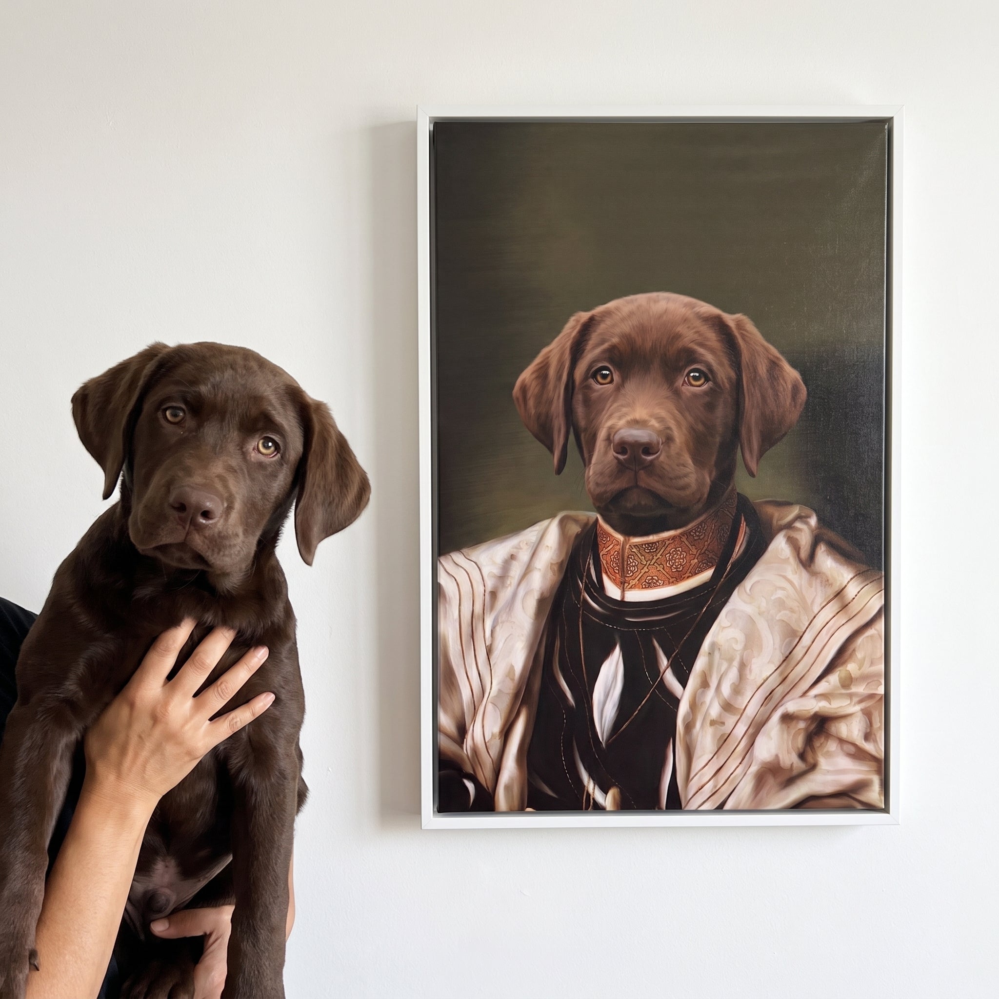 Chocolate labrador next to its The Savant custom pet canvas