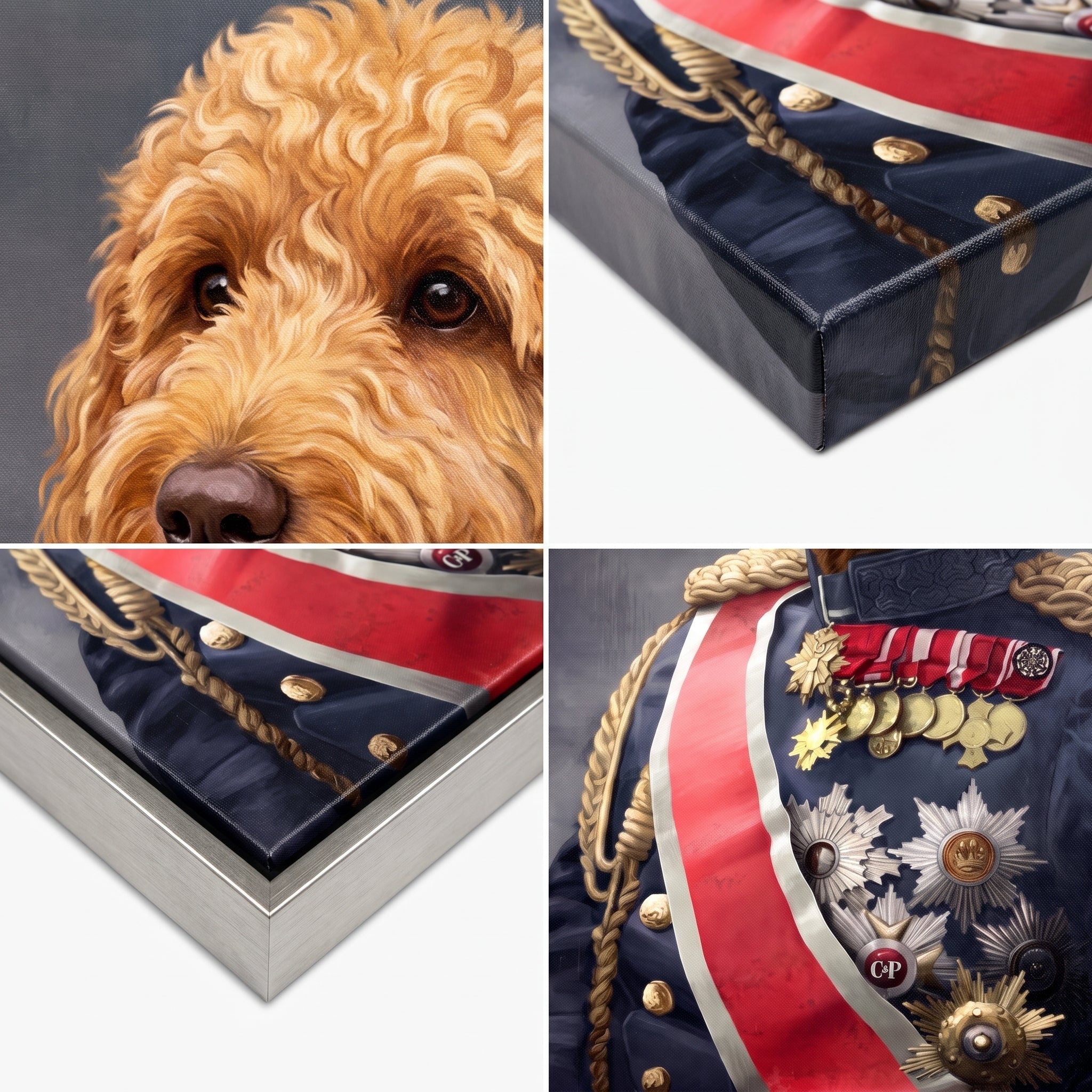 Close-up details of The Sergeant custom pet canvas
