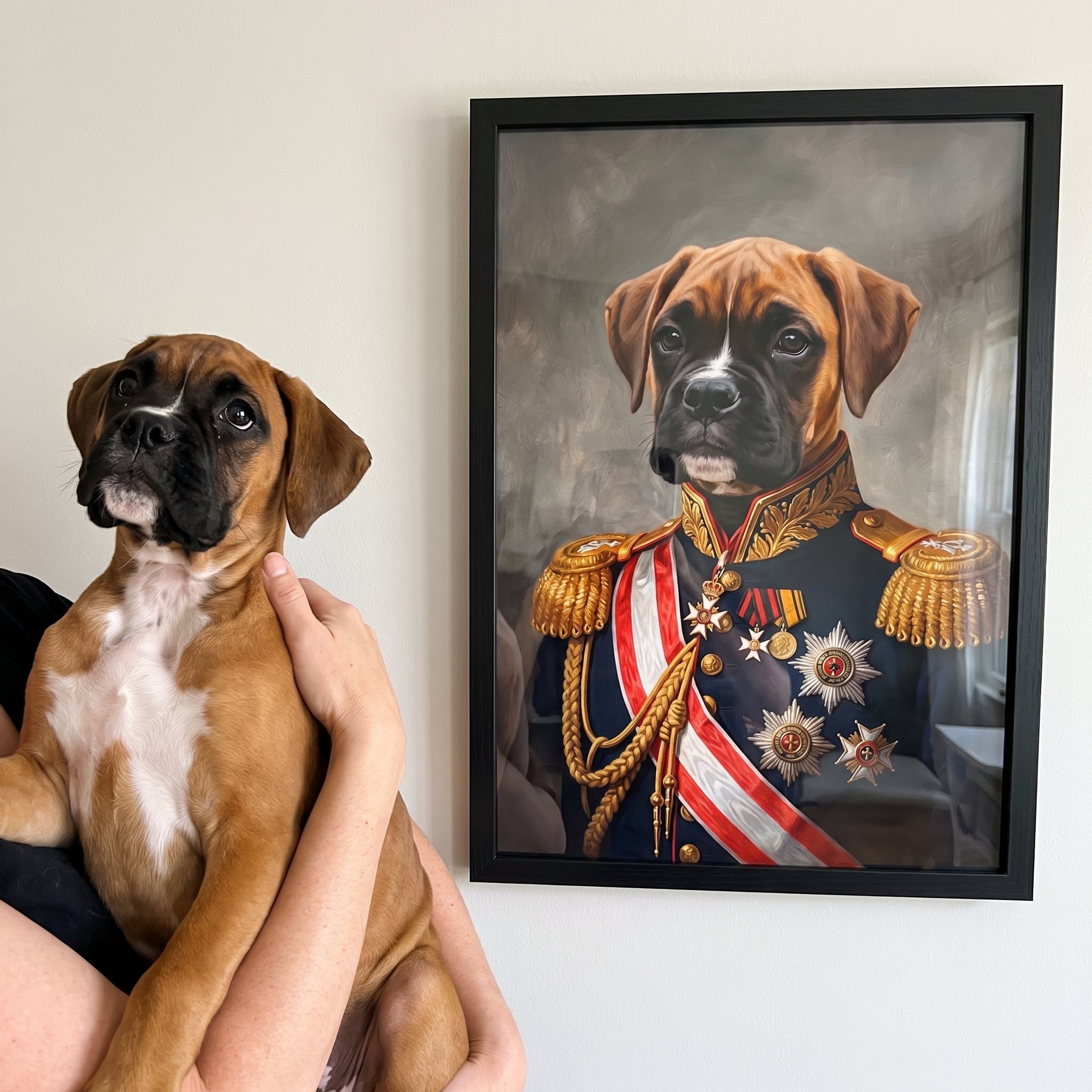 Boxer next to its The Sergeant custom pet poster