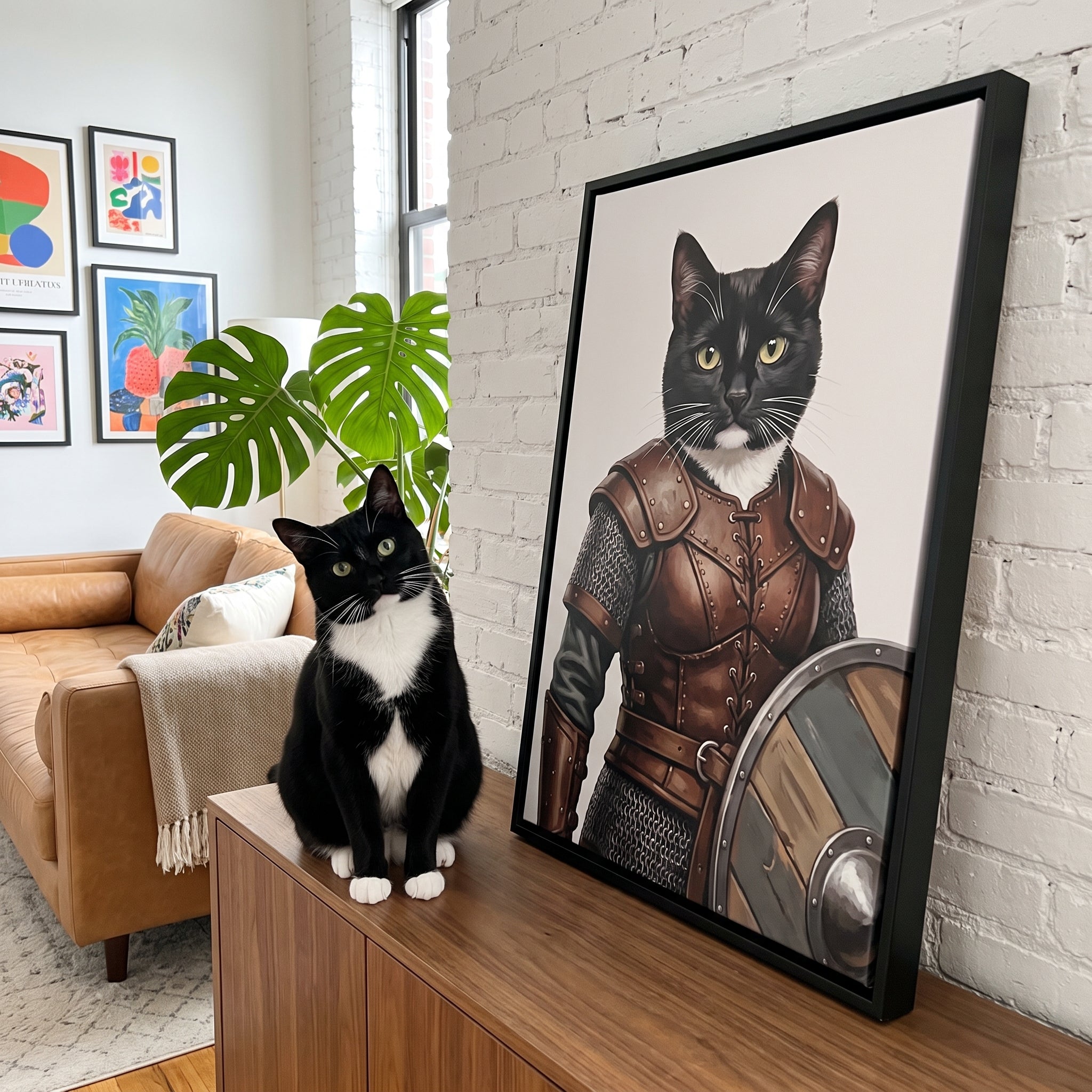 Tuxedo cat next to its The Shieldmaiden custom pet canvas