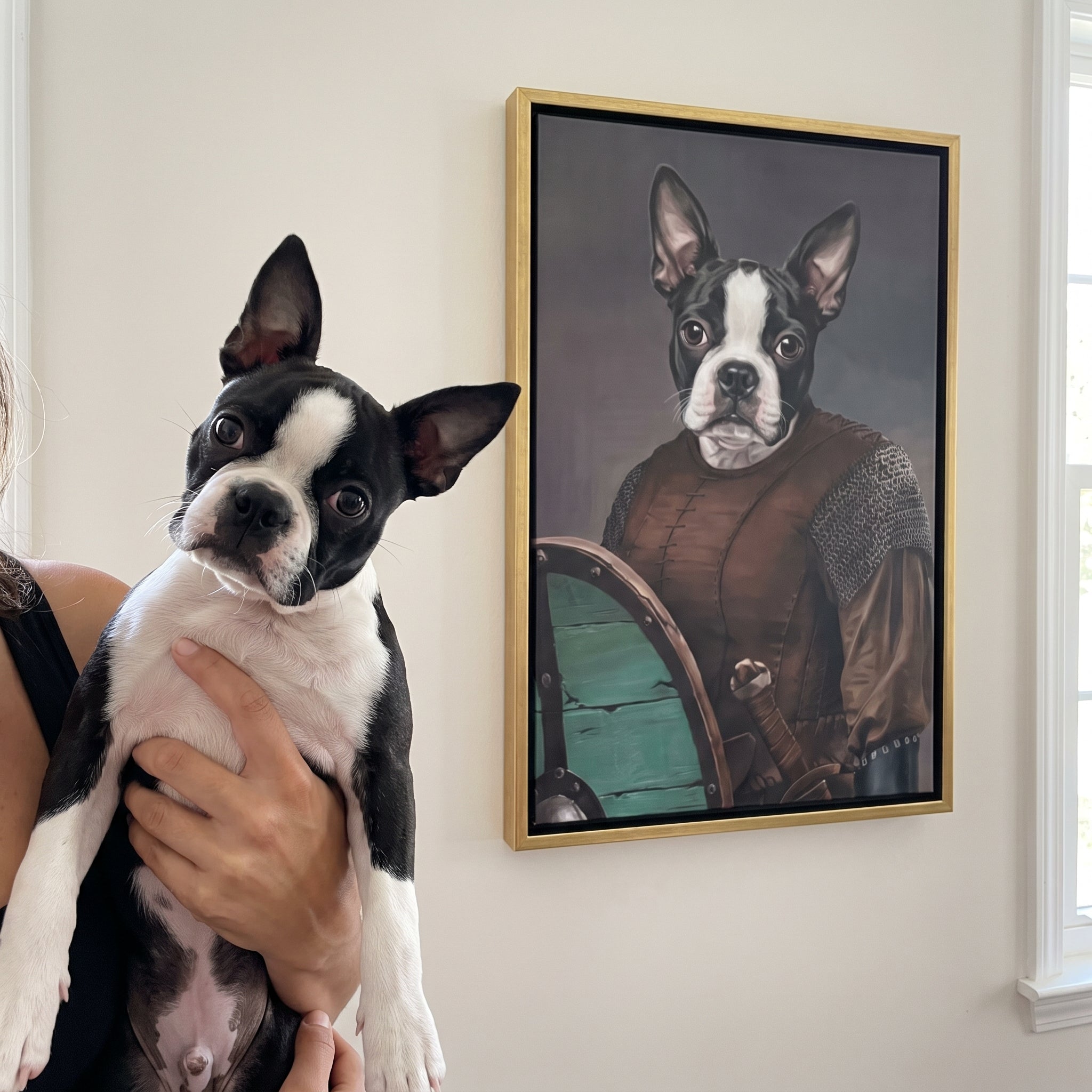 Boston terrier next to its The Shieldmaiden custom pet canvas