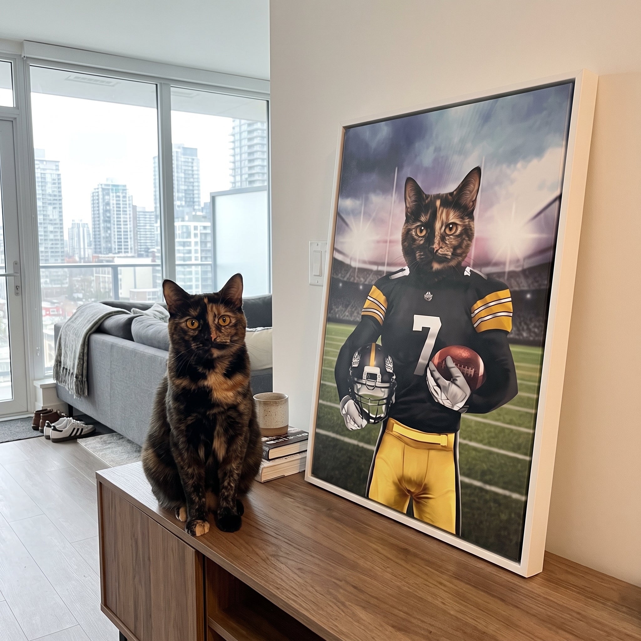 Tortoiseshell cat next to its The Snack Steelers custom pet canvas