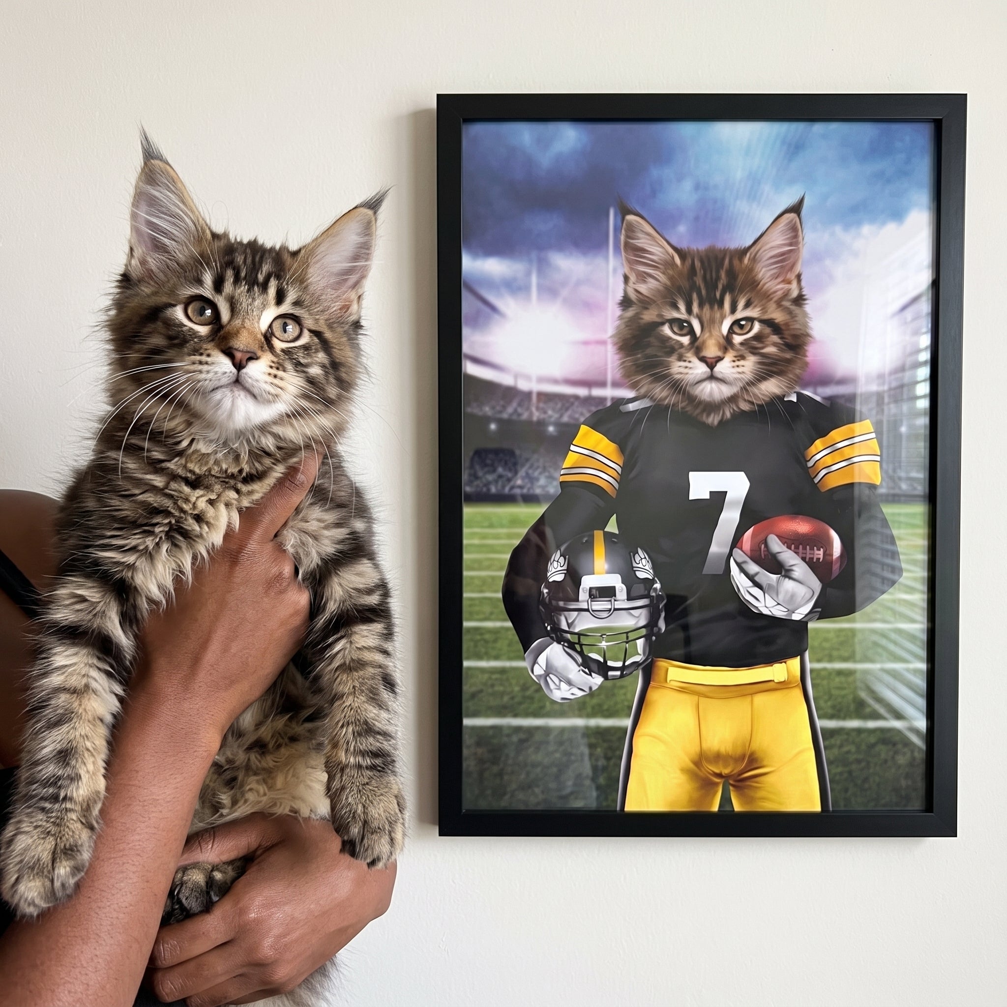 Fluffy maine coon cat next to its The Snack Steelers custom pet poster