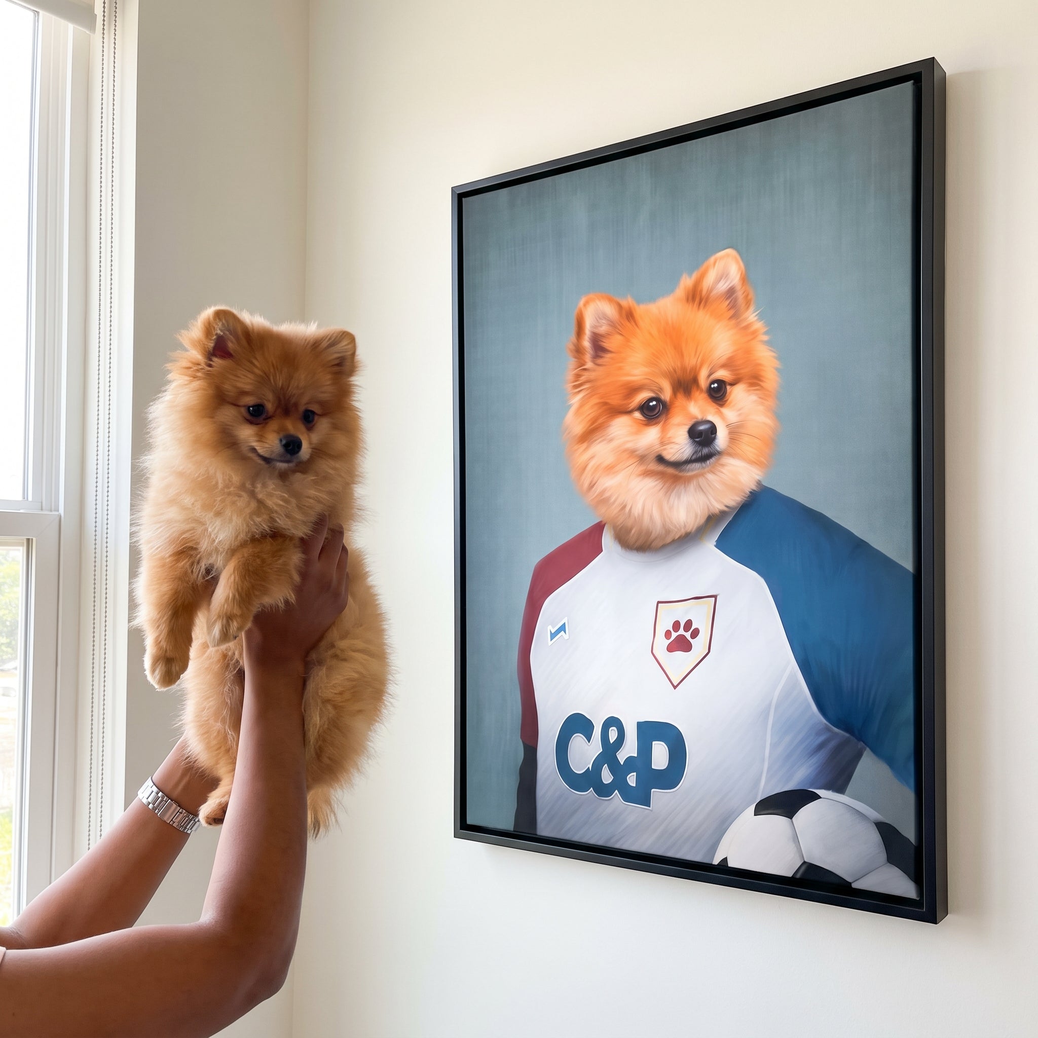 Pomeranian next to its The Soccer Player custom pet canvas