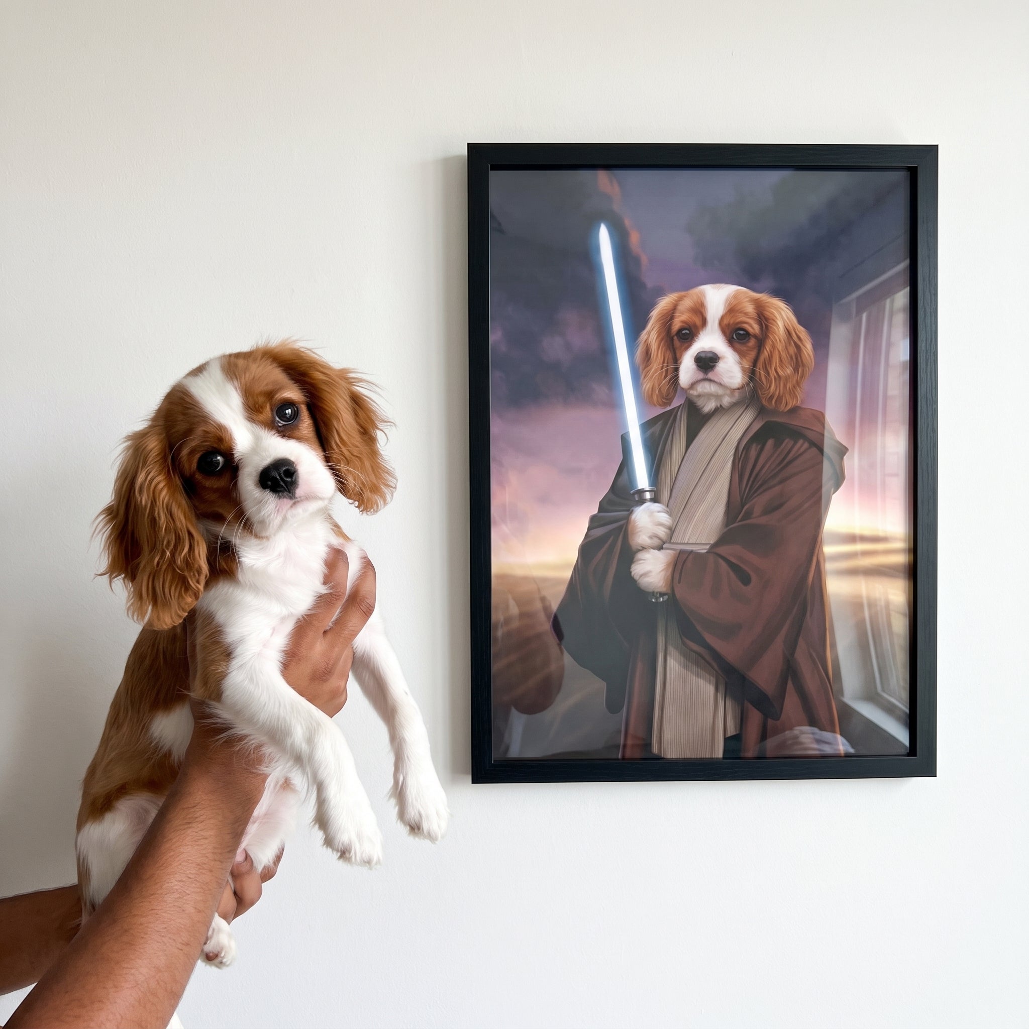 Cavalier king charles spaniel next to its The Space General custom pet poster