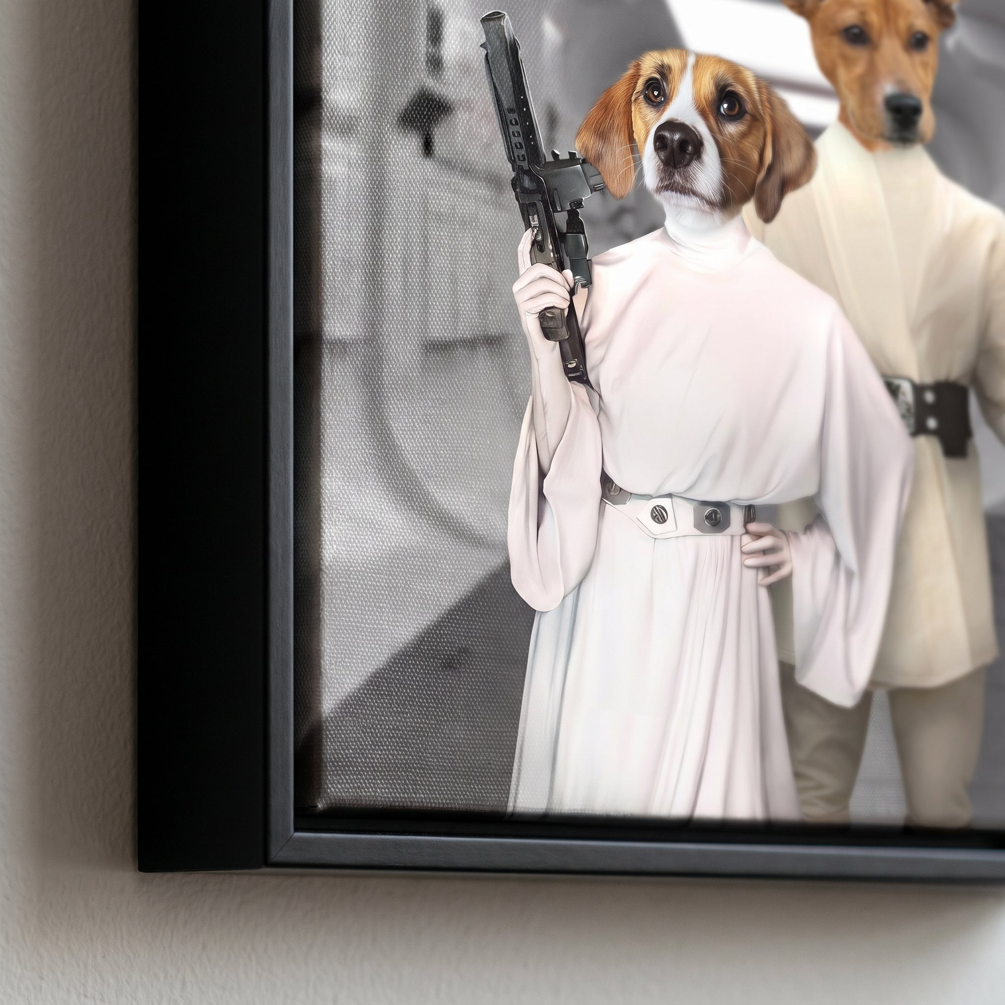 Close-up details of The Space Siblings custom pet canvas