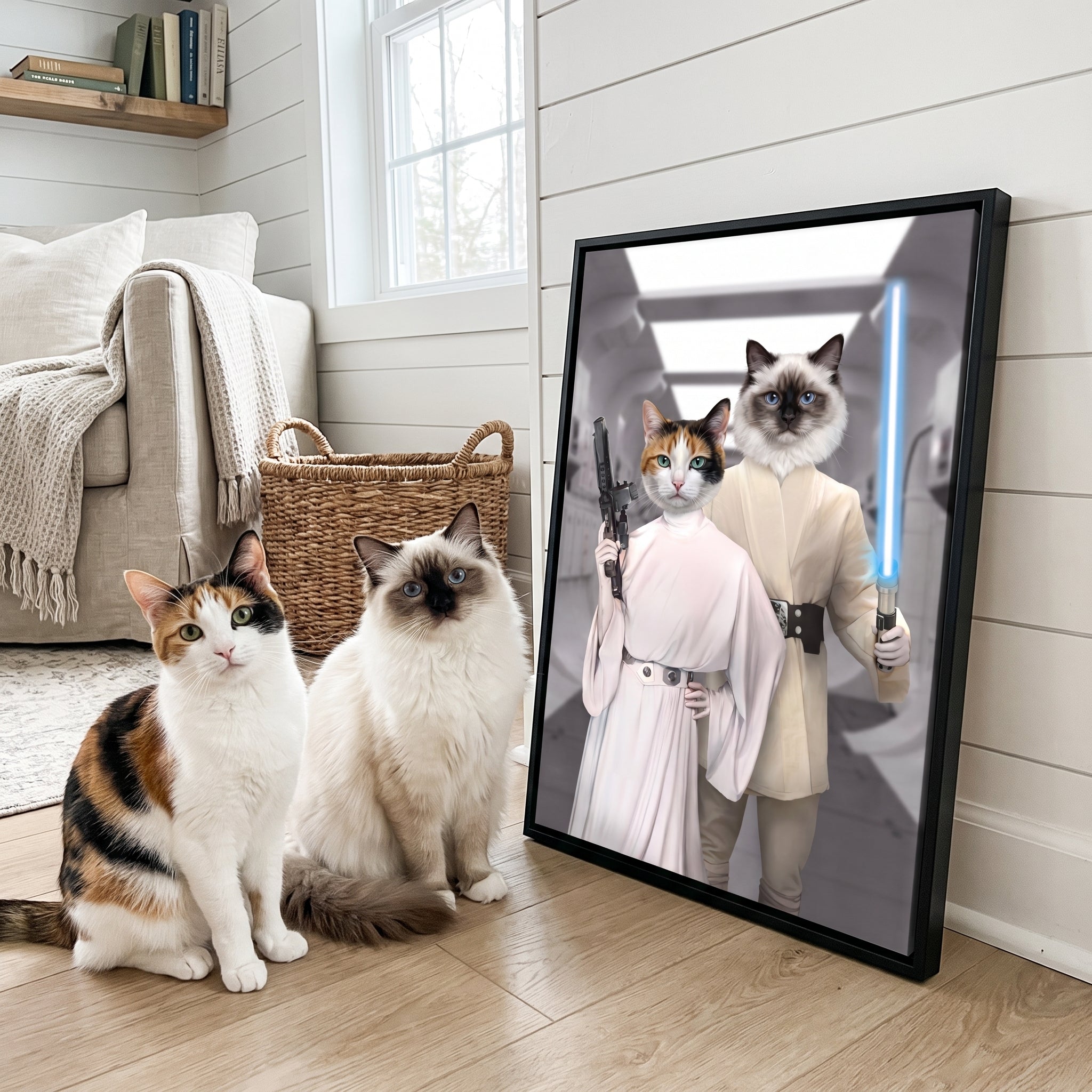 Calico cat and white ragdoll cat next to its The Space Siblings custom pet canvas