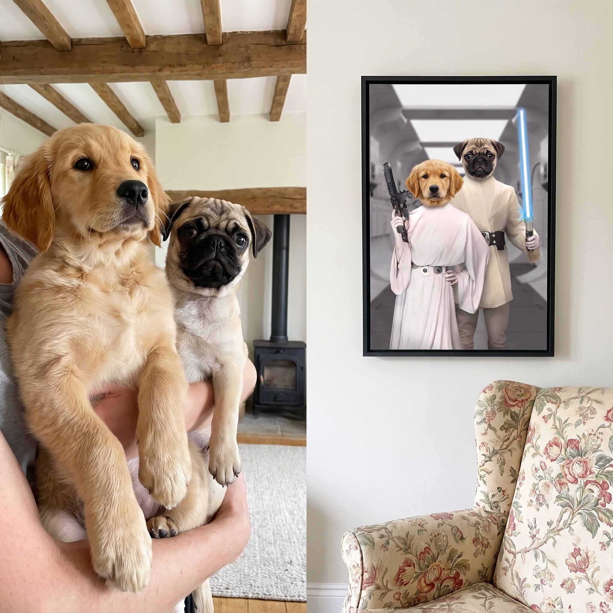 Golden retriever and pug next to its The Space Siblings custom pet canvas