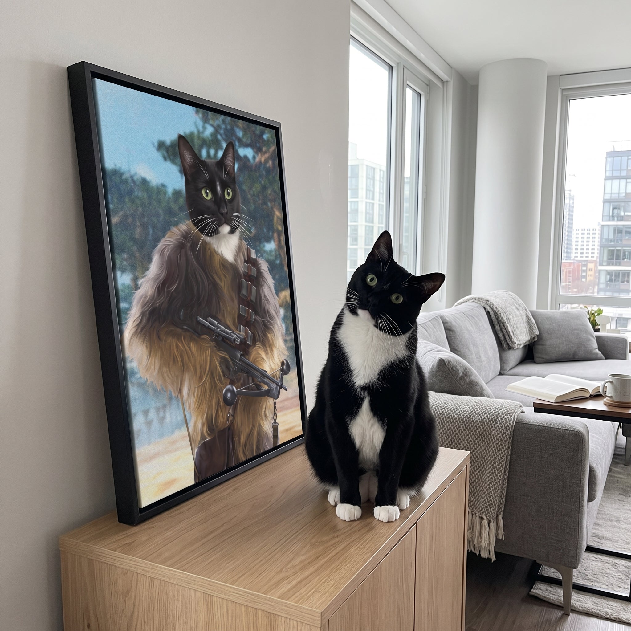 Tuxedo cat next to its The Strong Smuggler custom pet canvas