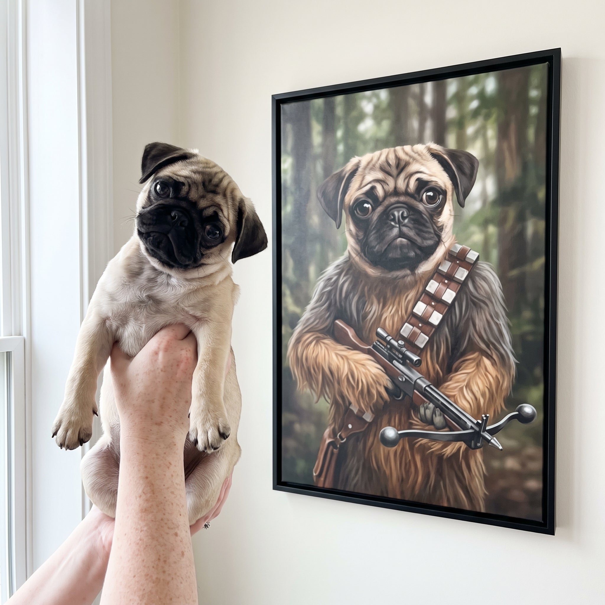 Pug next to its The Strong Smuggler custom pet canvas