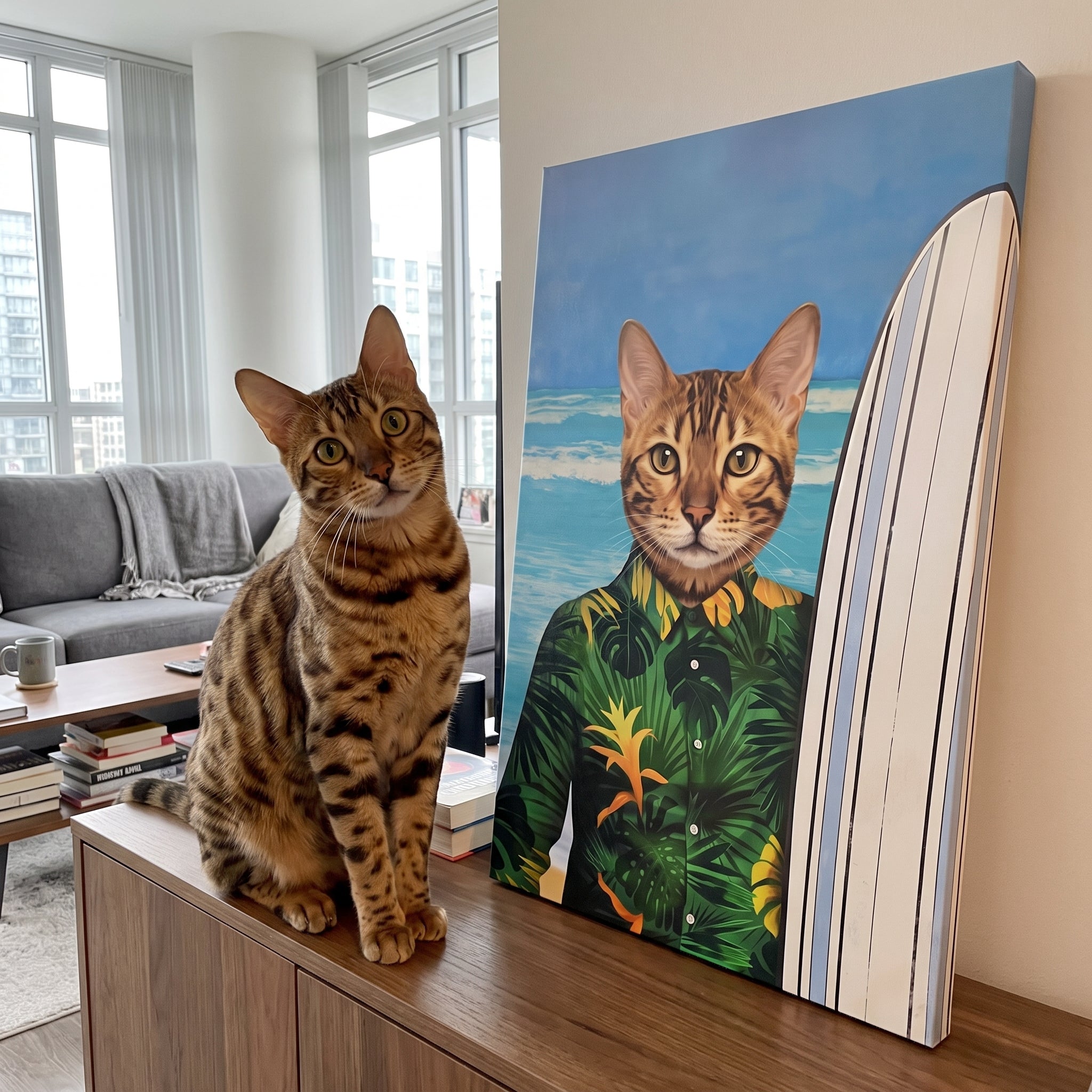 Bengal cat next to its The Surfer custom pet canvas