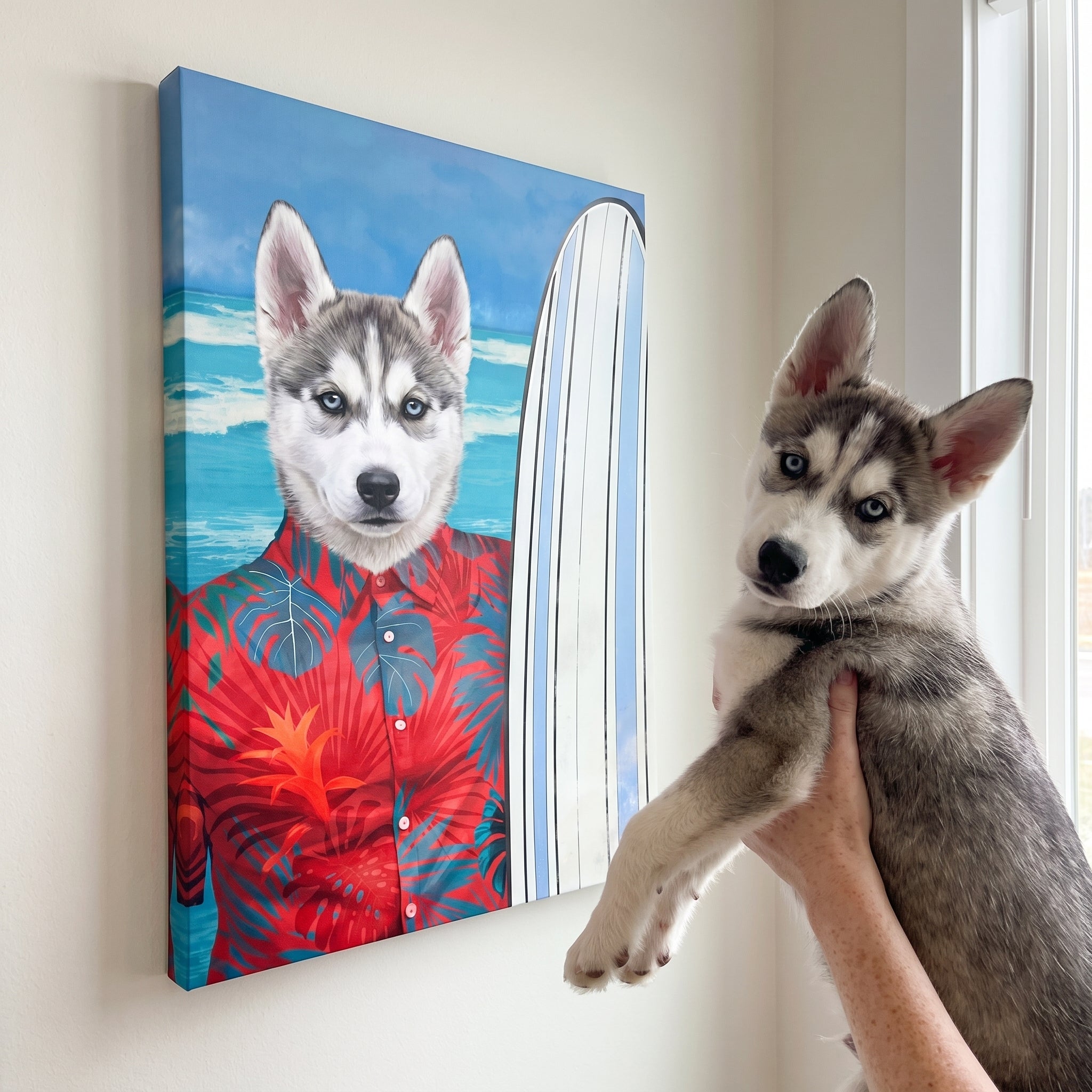 Siberian husky next to its The Surfer custom pet canvas