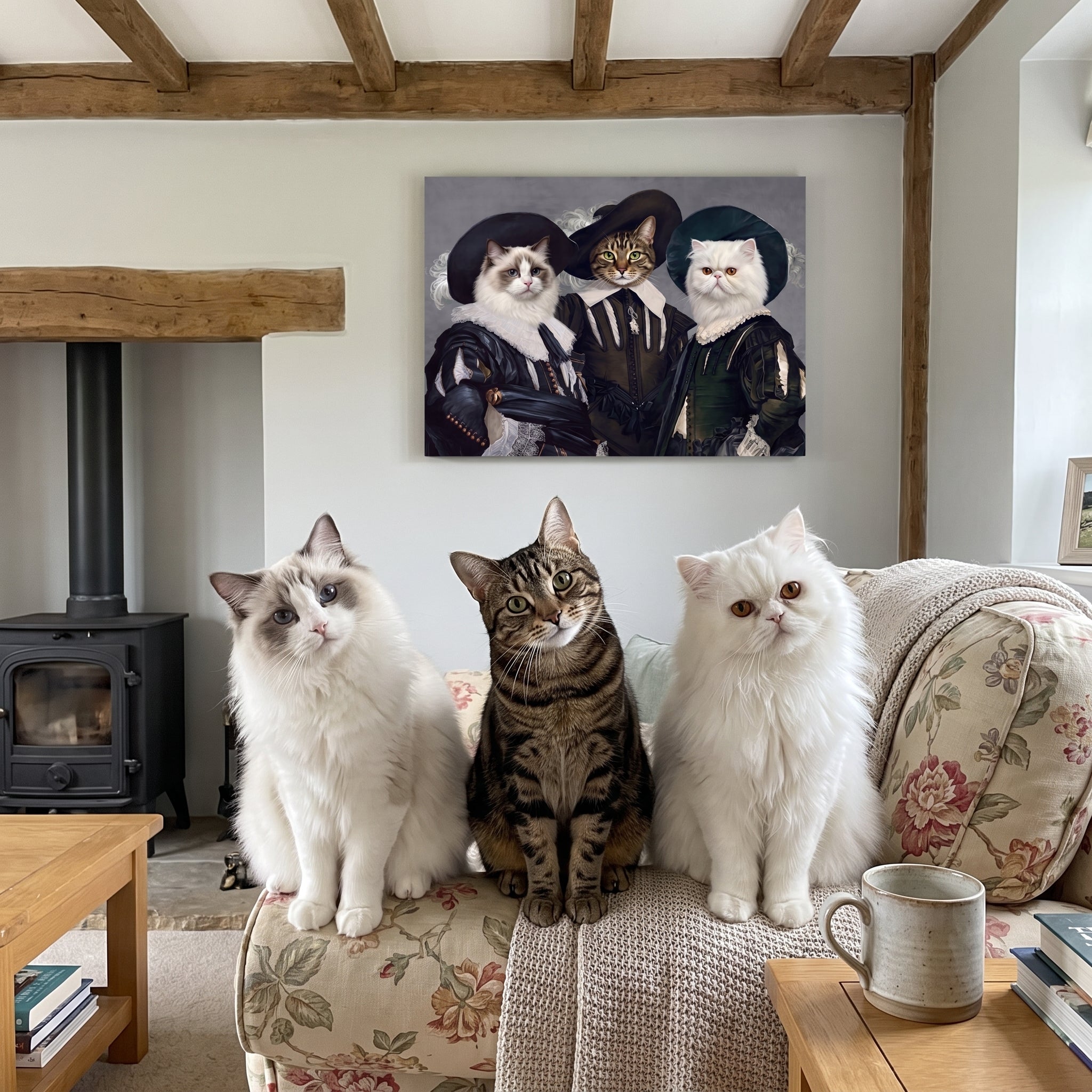 White ragdoll cat brown tabby cat  next to its The Three Musketeers custom pet canvas