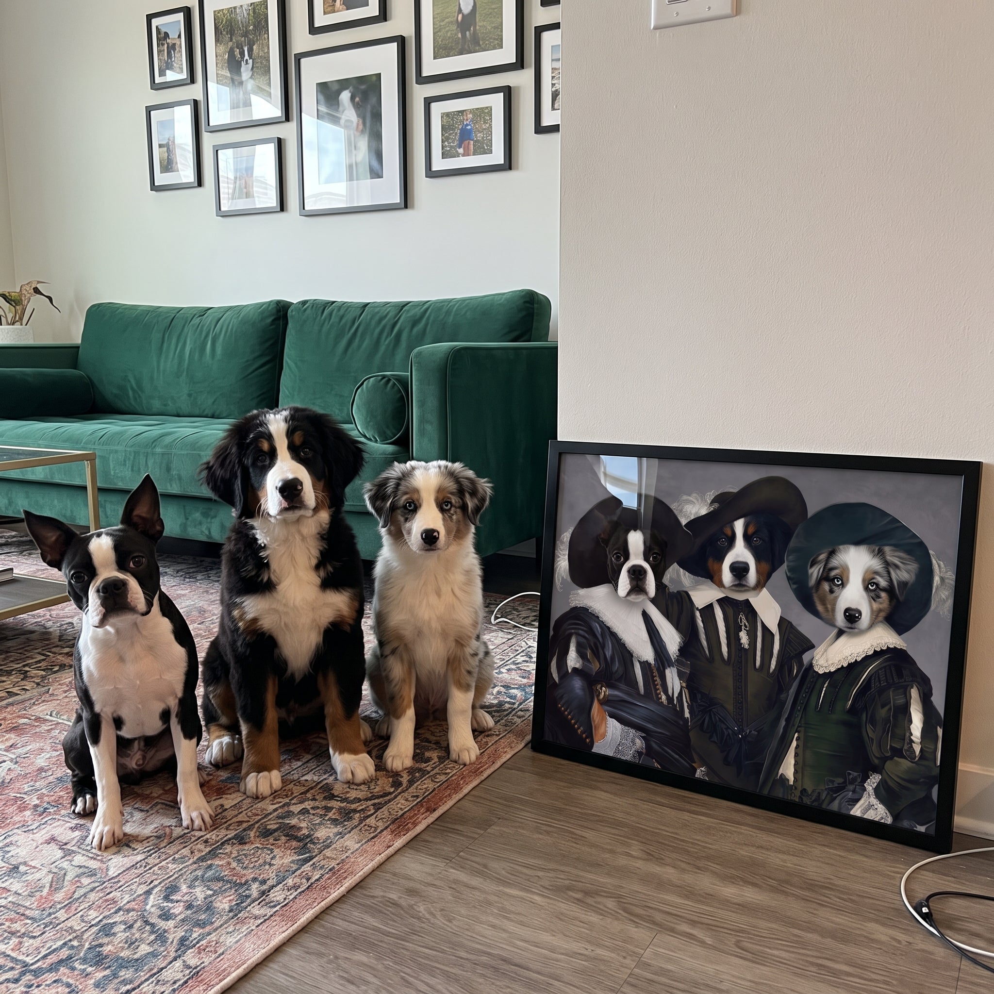 Boston terrier bernese mountain do next to its The Three Musketeers custom pet poster