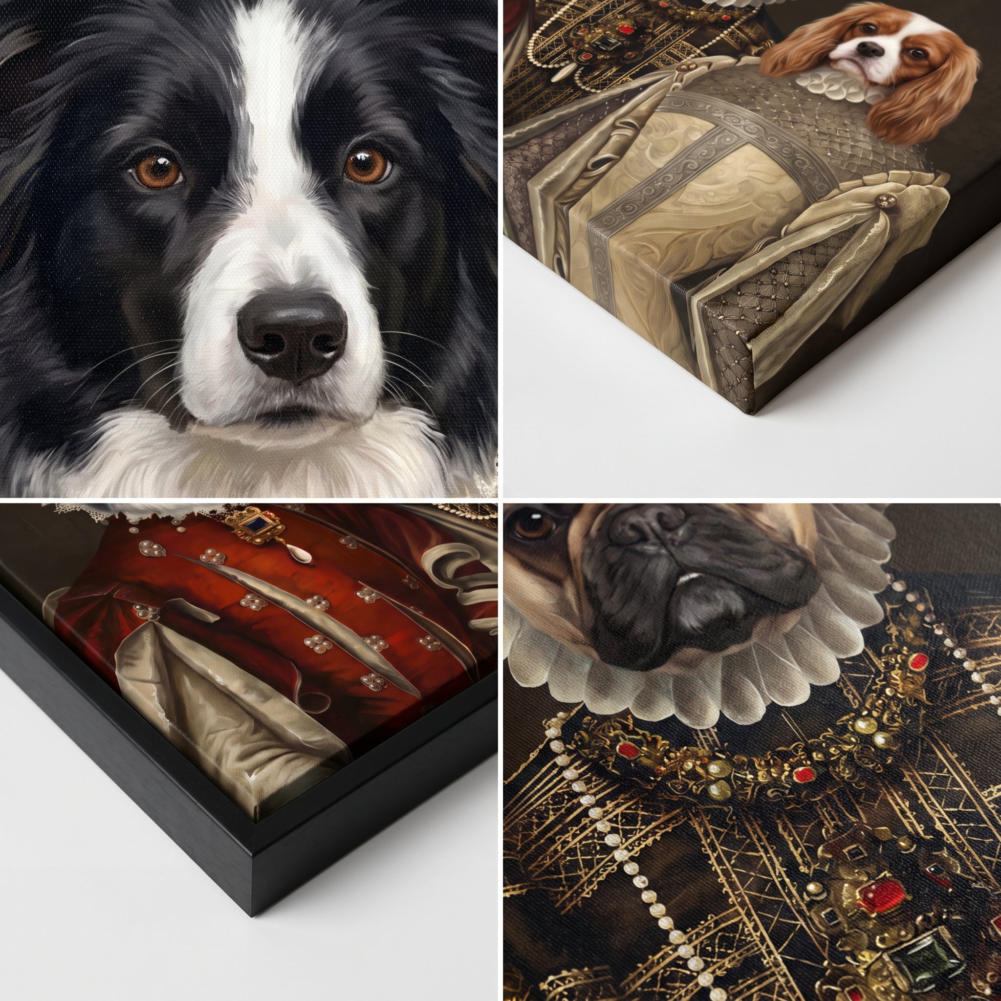 Close-up details of The Three Queens custom pet canvas