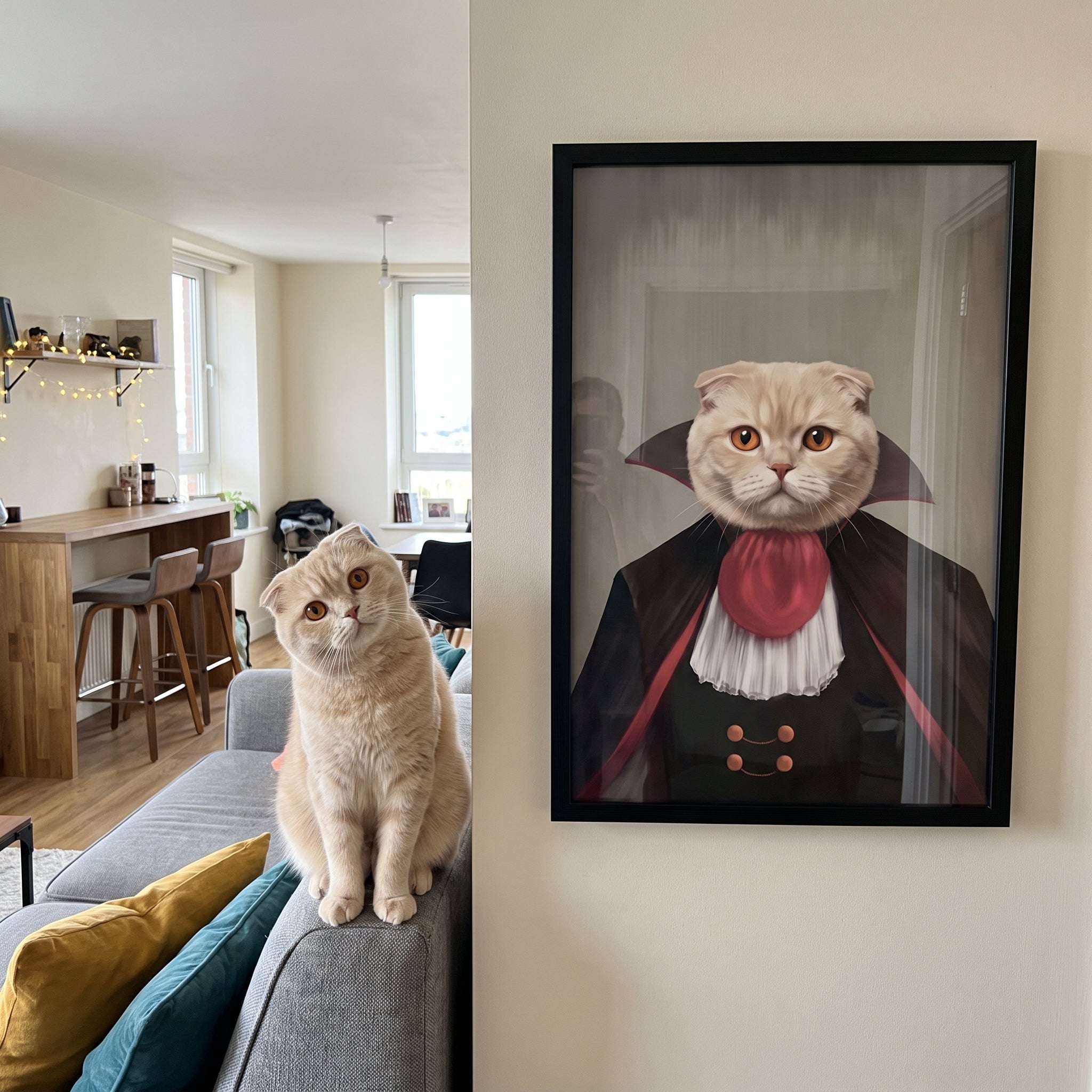 Scottish fold cat next to its The Vampire custom pet poster