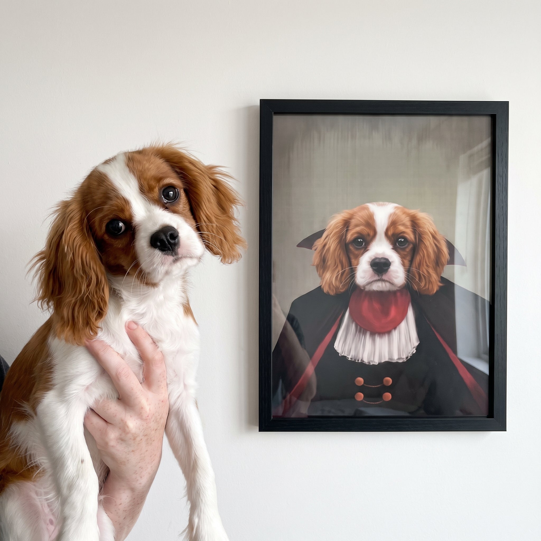 Cavalier king charles spaniel next to its The Vampire custom pet poster