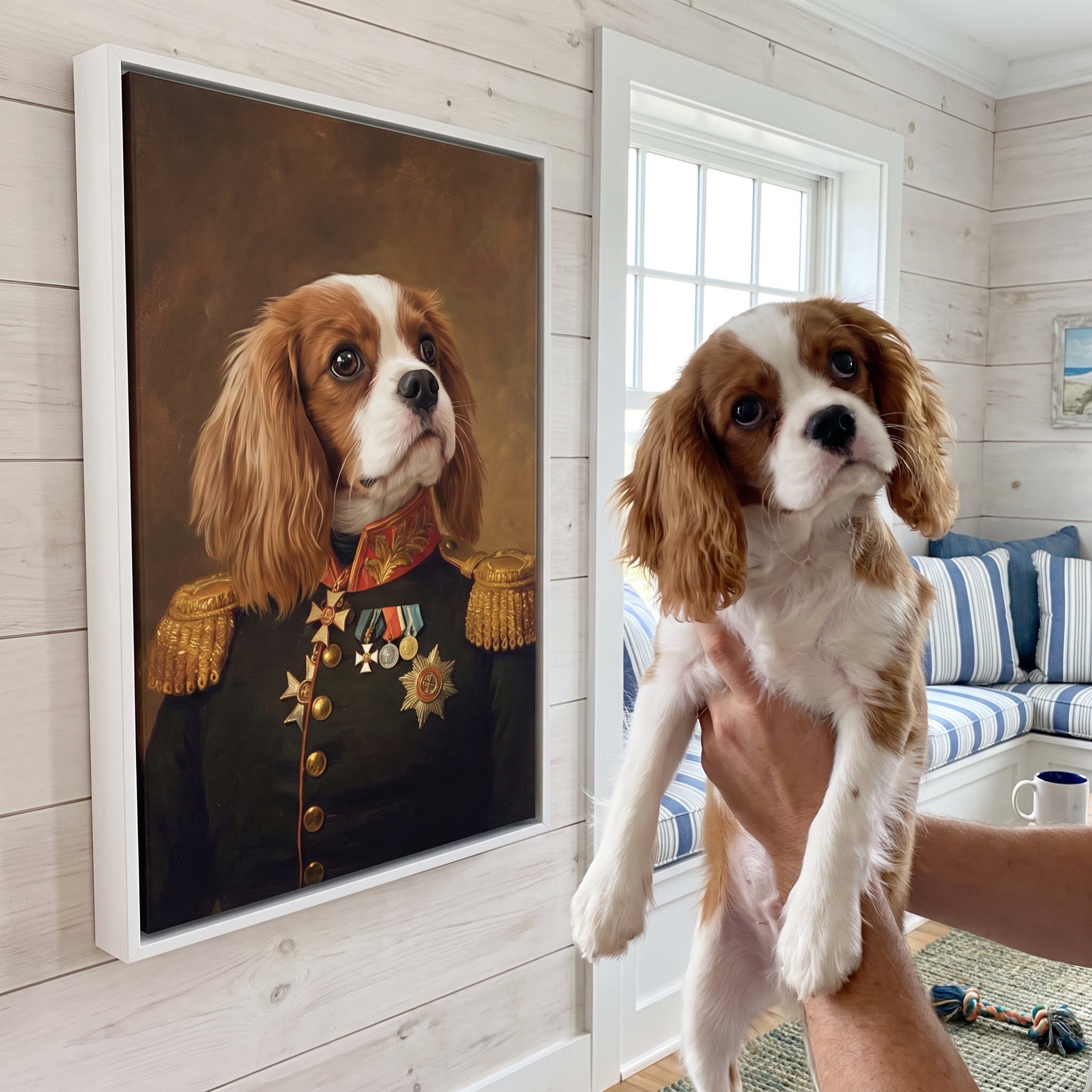 Cavalier king charles spaniel next to its The Veteran custom pet canvas