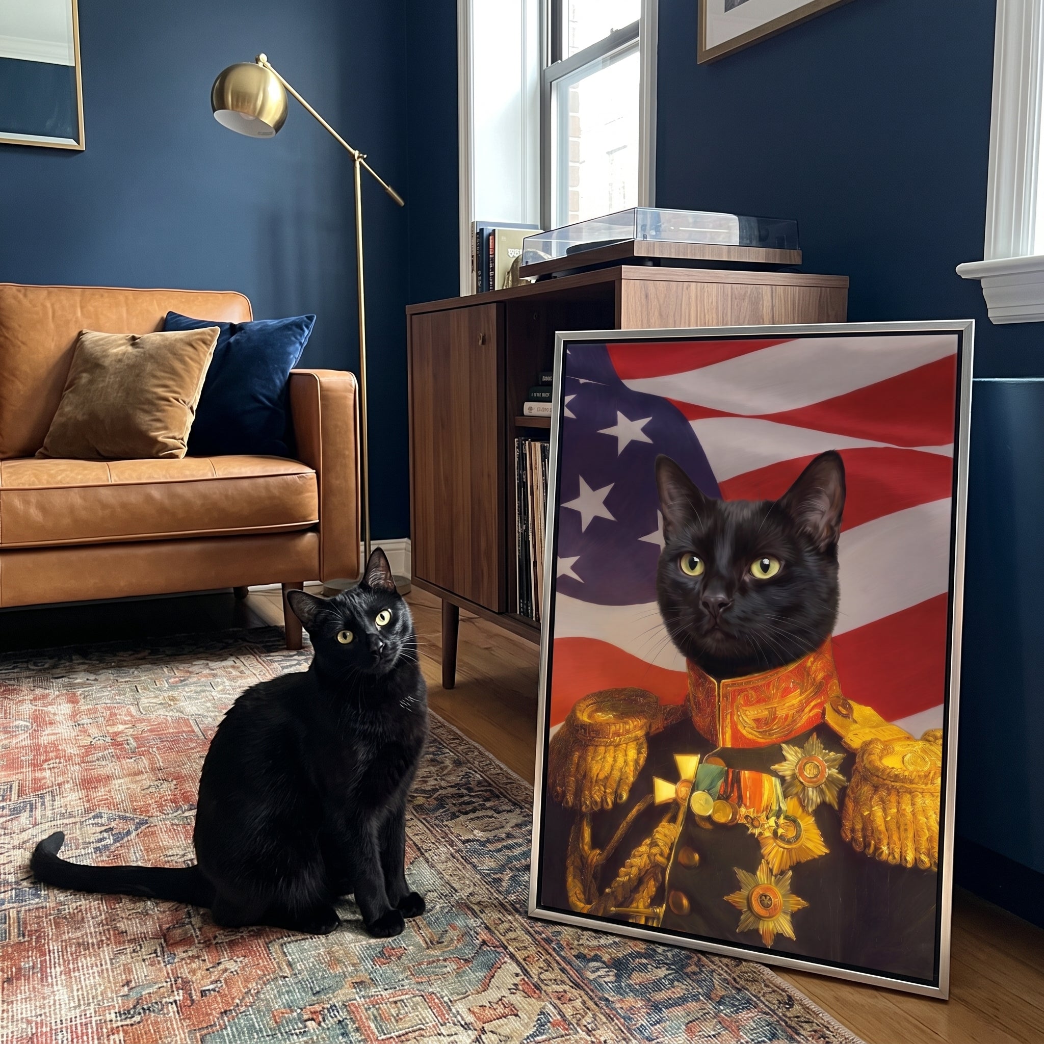 Black cat next to its The Veteran - USA Flag Edition custom pet canvas