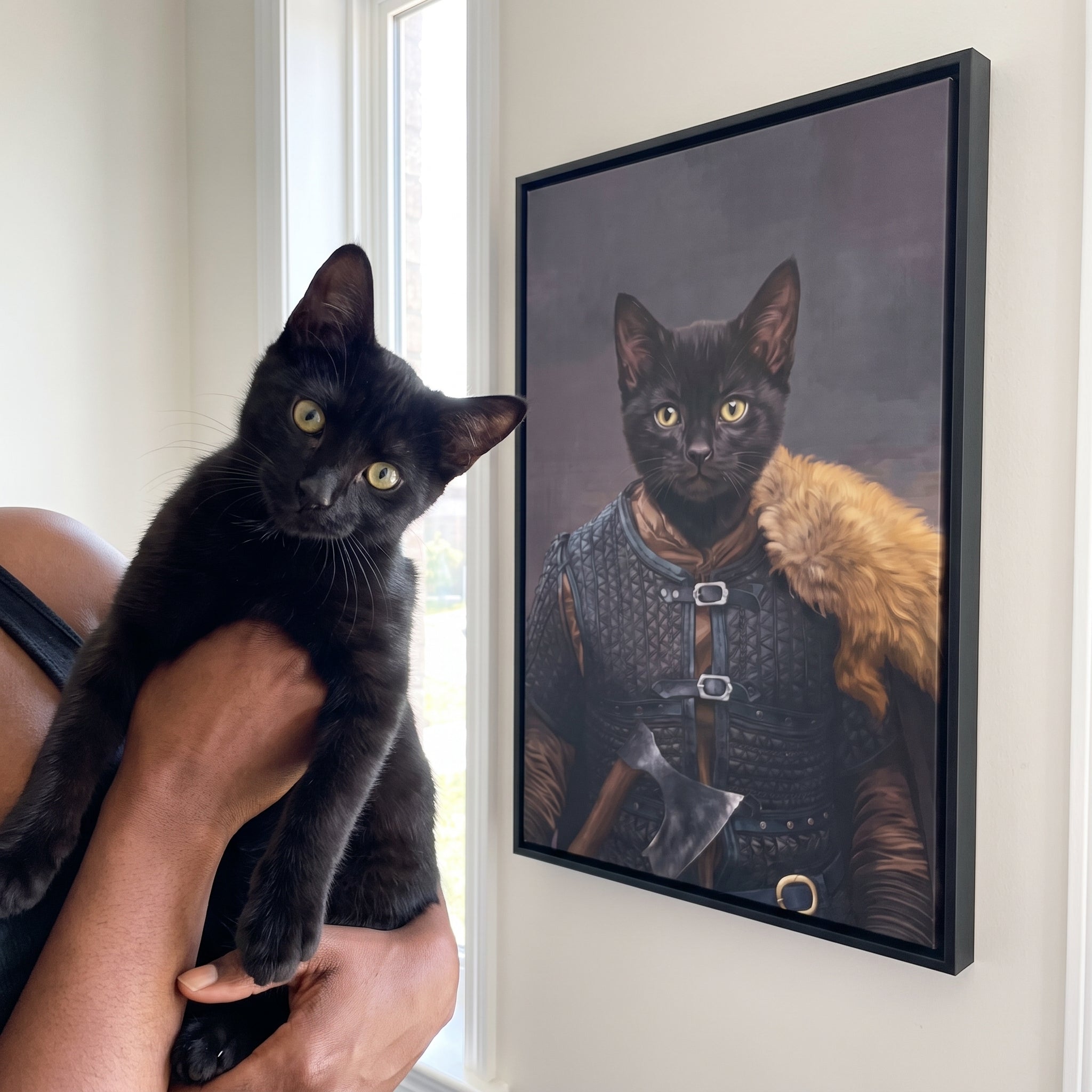 Black cat next to its The Viking Leader custom pet canvas