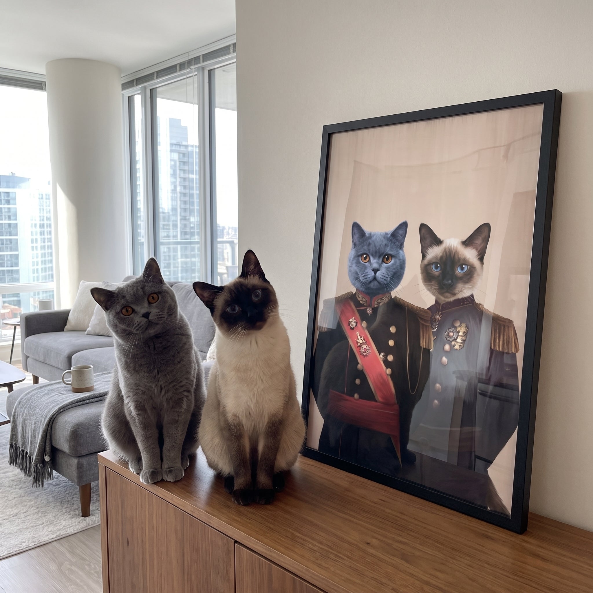 Grey british shorthair cat and siamese c next to its The War Heroes custom pet poster
