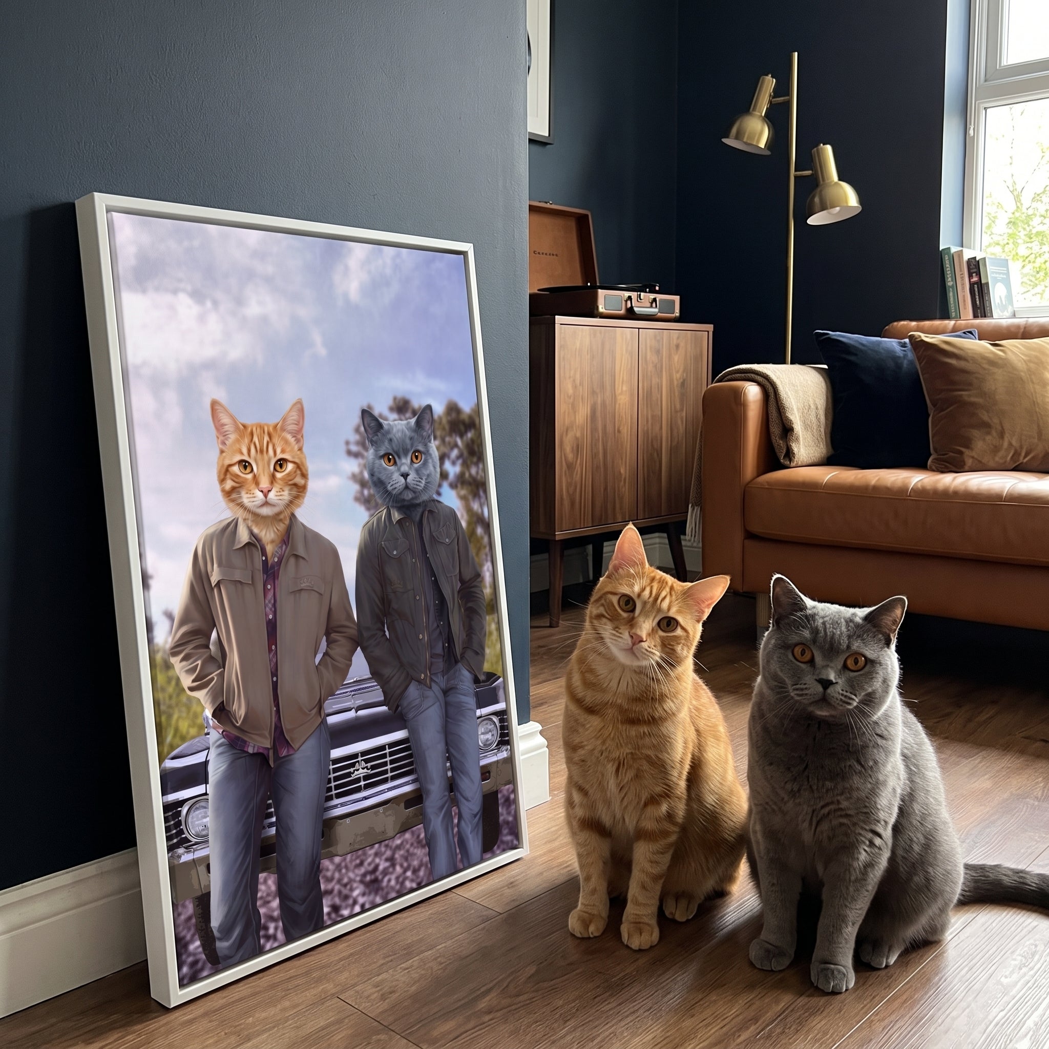 Ginger tabby cat and grey british short next to its The Winchesters custom pet canvas
