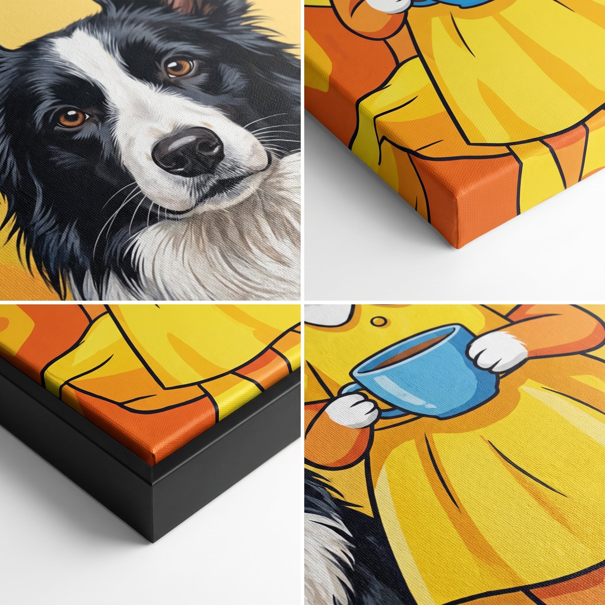 Close-up details of The Yellow Three custom pet canvas