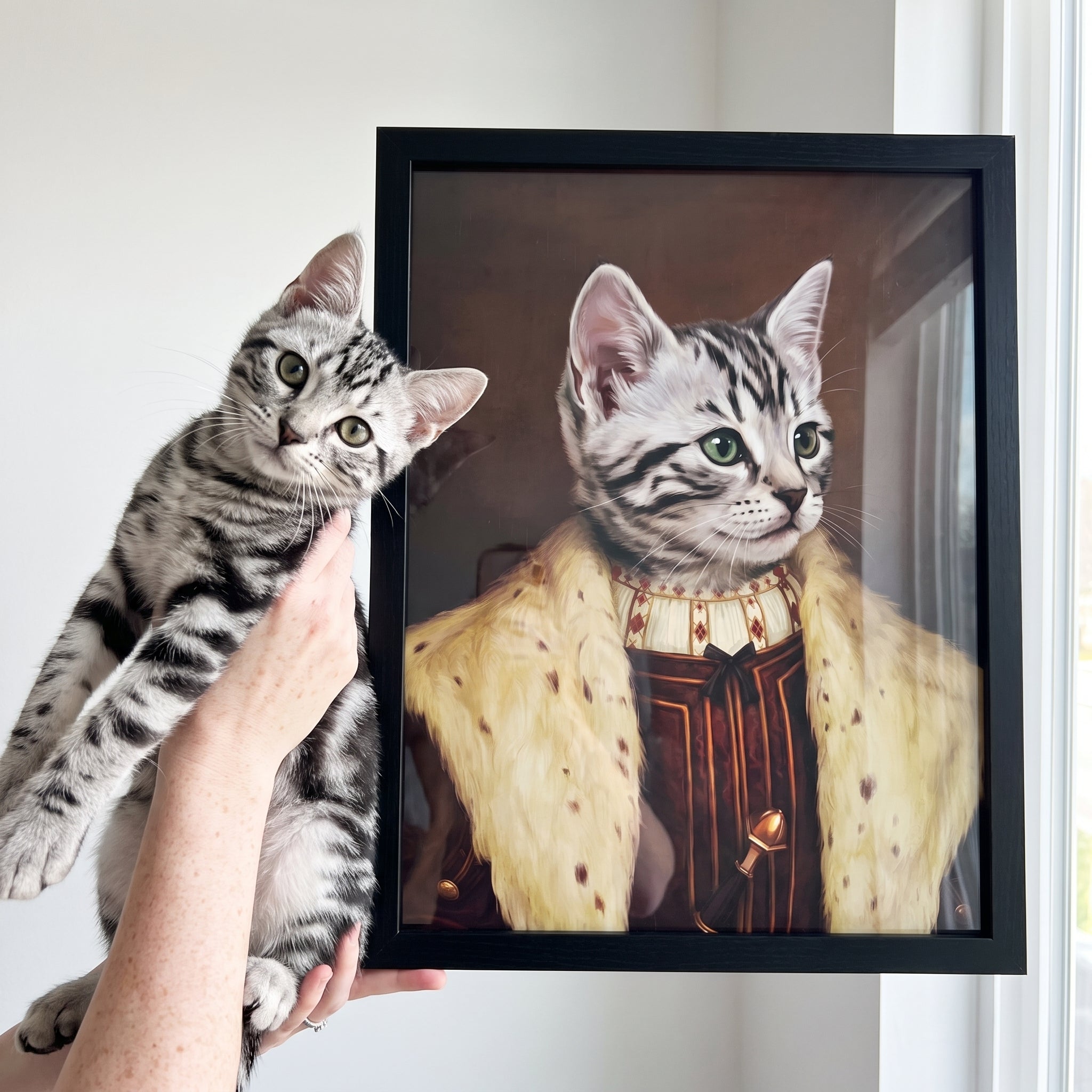 Silver tabby cat next to its The Young King custom pet poster