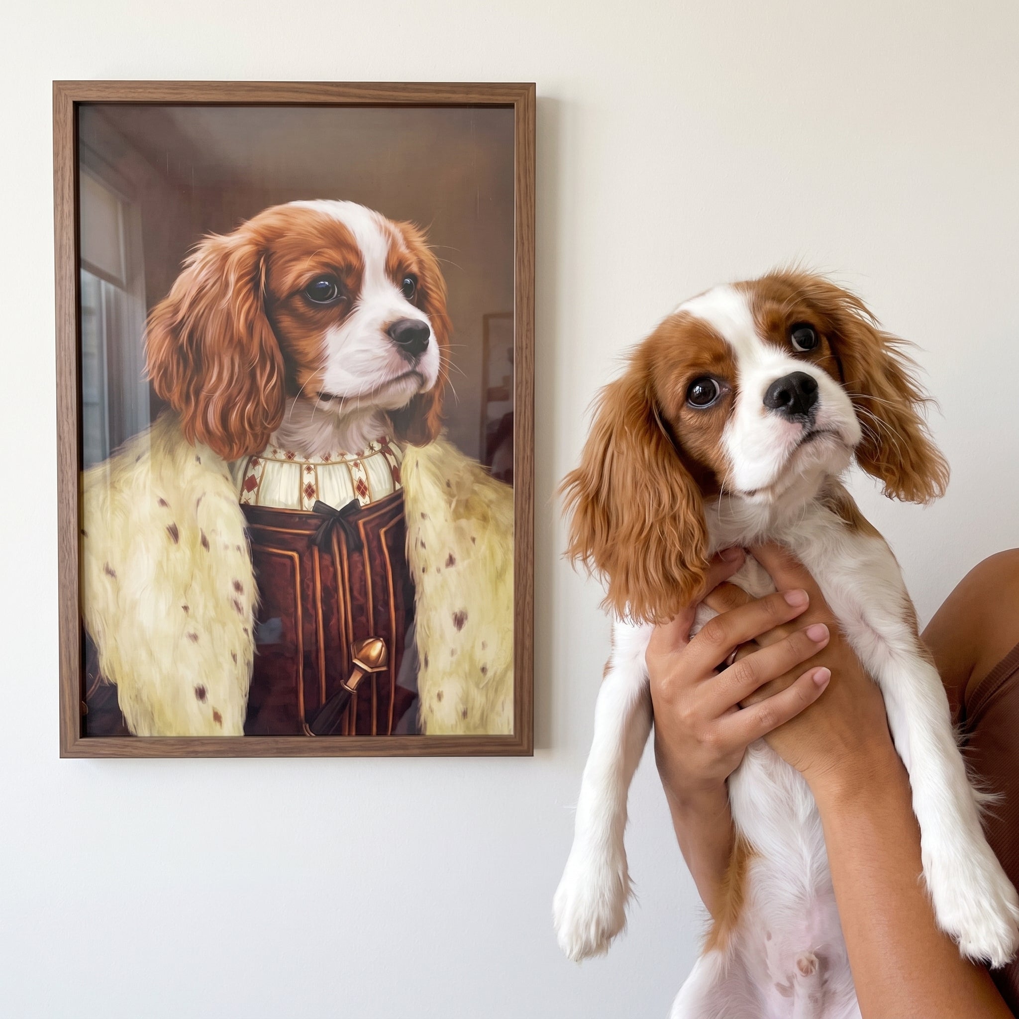 Cavalier king charles spaniel next to its The Young King custom pet poster