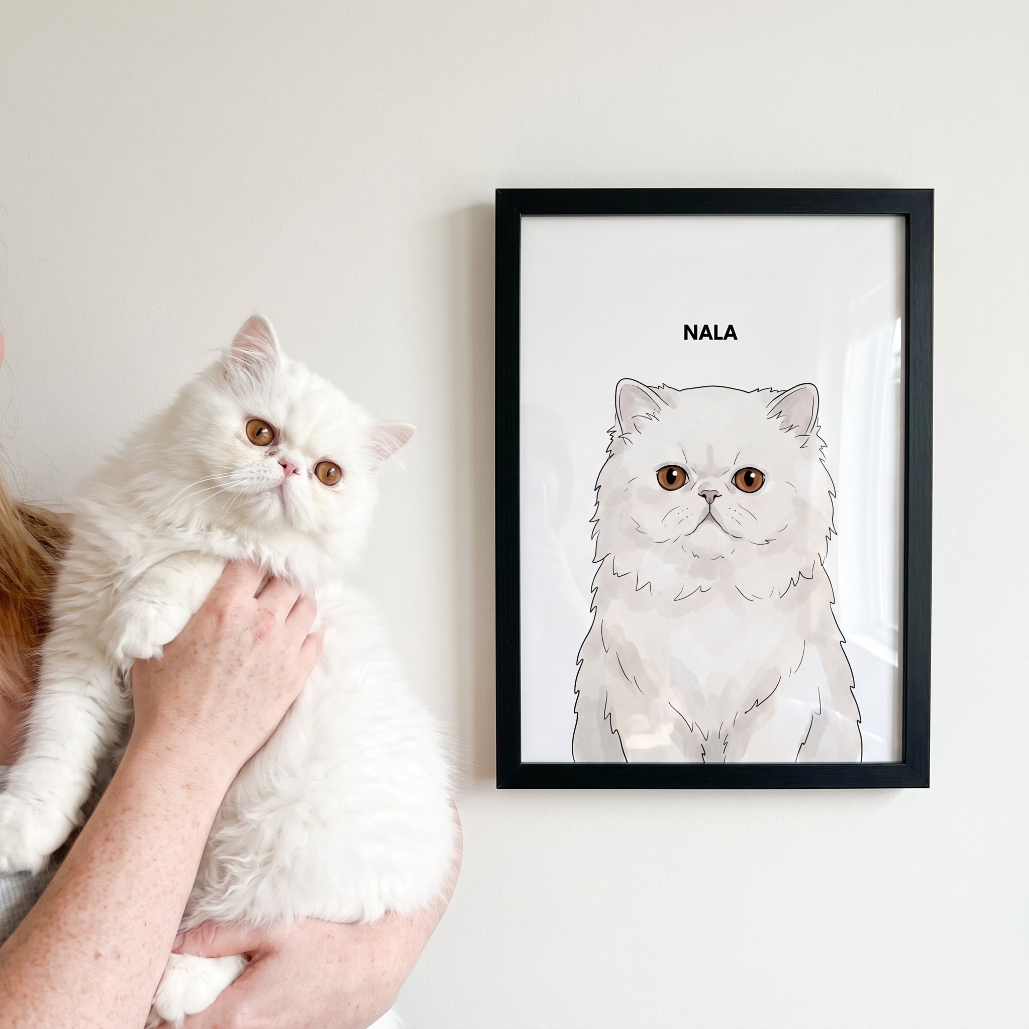 White persian cat next to its Watercolor Pet Portrait - One Pet, Framed Poster custom pet poster