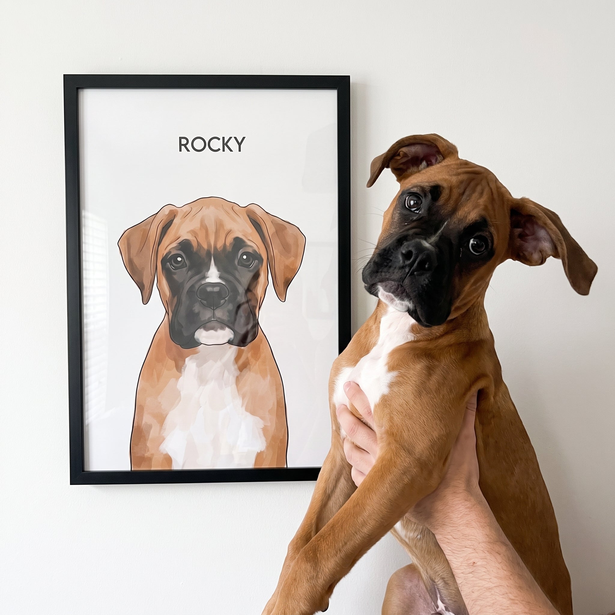 Boxer next to its Watercolor Pet Portrait - One Pet, Framed Poster custom pet poster