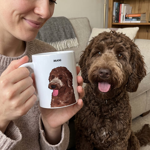 Chocolate labradoodle with the Custom Watercolor Pet Portrait Mug - One Pet: owner holding mug + pet