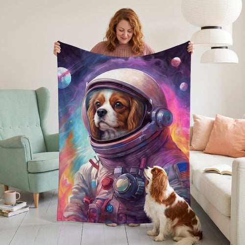 Cavalier King Charles spaniel with the Galactic Pet custom pet blanket: held up for size