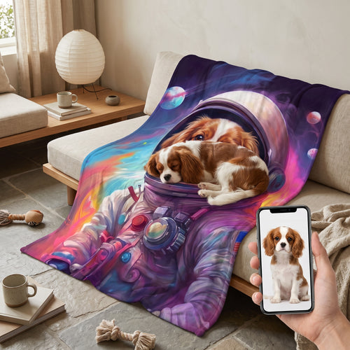 Cavalier King Charles spaniel with the Galactic Pet custom pet blanket: pet + phone + blanket