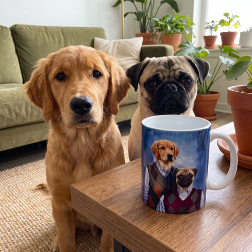 Golden retriever and pug with the Step Brothers custom mug: funny side-by-side