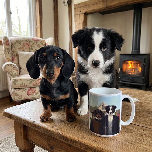 Miniature dachshund and border collie with The American Gothic custom mug: funny side-by-side