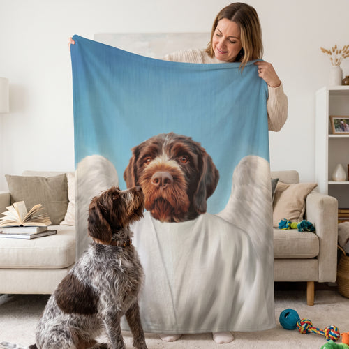 Cavalier King Charles spaniel with The Angel custom pet blanket: held up for size
