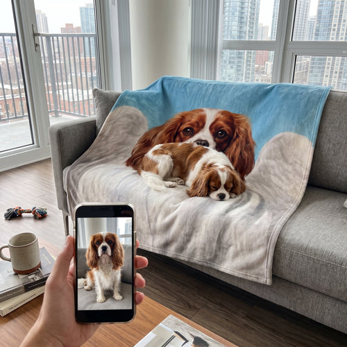 Cavalier King Charles spaniel with The Angel custom pet blanket: pet + phone + blanket