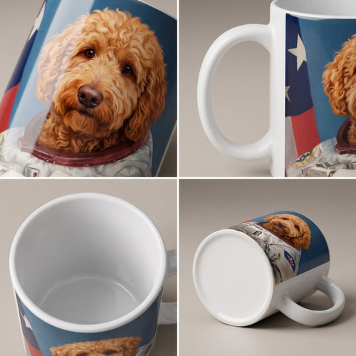 Goldendoodle with The Astronaut custom mug: close-up of gloss and wrap