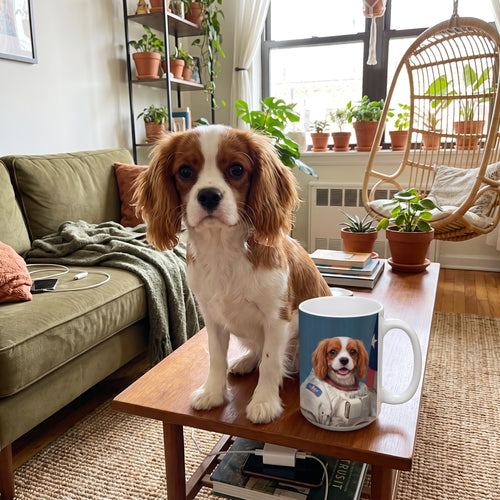 Cavalier King Charles spaniel with The Astronaut custom mug: funny side-by-side