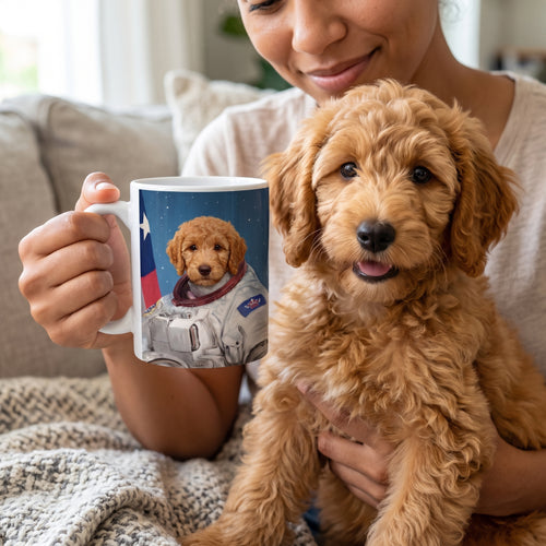 Goldendoodle with The Astronaut custom mug: owner holding mug + pet